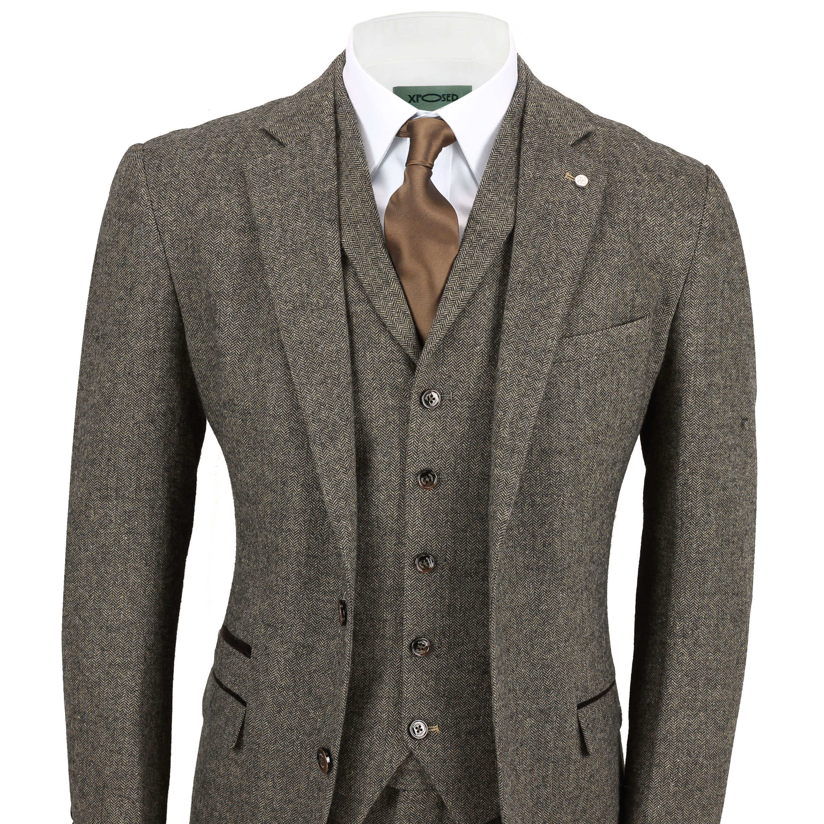 Mens Wool Mix 3 Piece Suit Vintage Herringbone Tweed Tailored Fit in ...