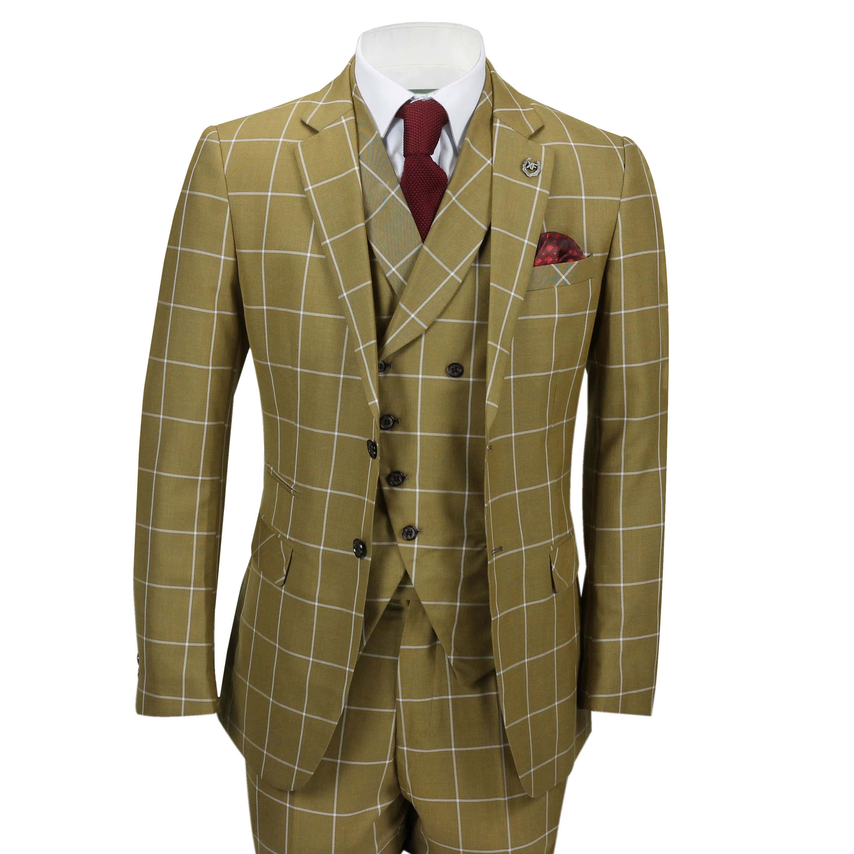 New Mens Classic 3 Piece Suit White Bold Check on Tan Retro Vintage ...