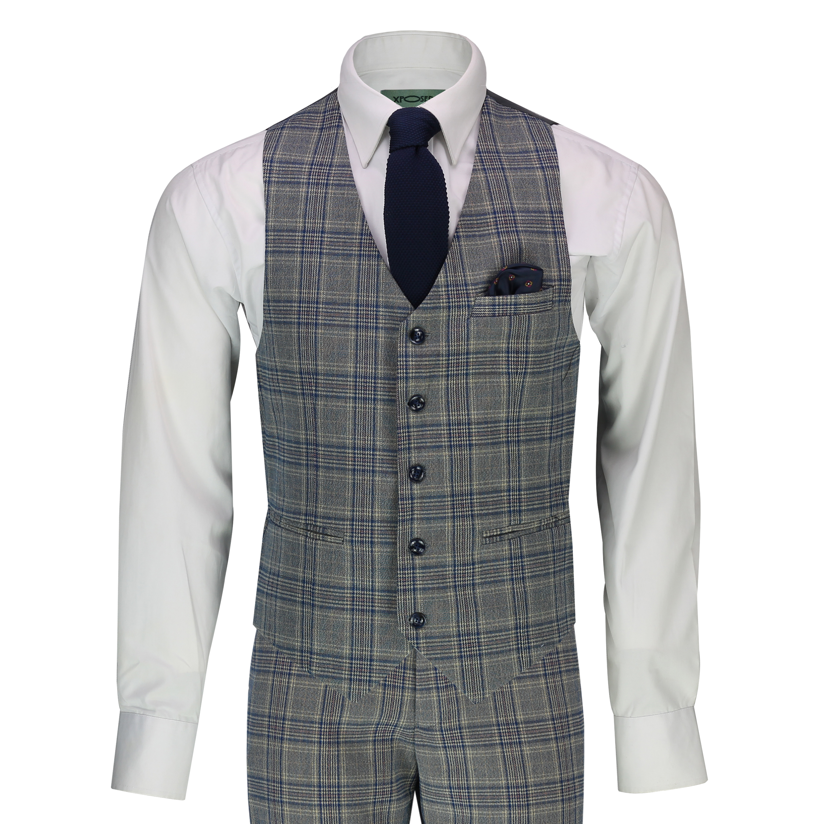 Xposed Mens Navy Blue 3 Piece Chalk Pinstripe Suit Classic Vintage Tailored Fit 1920s Peaky 