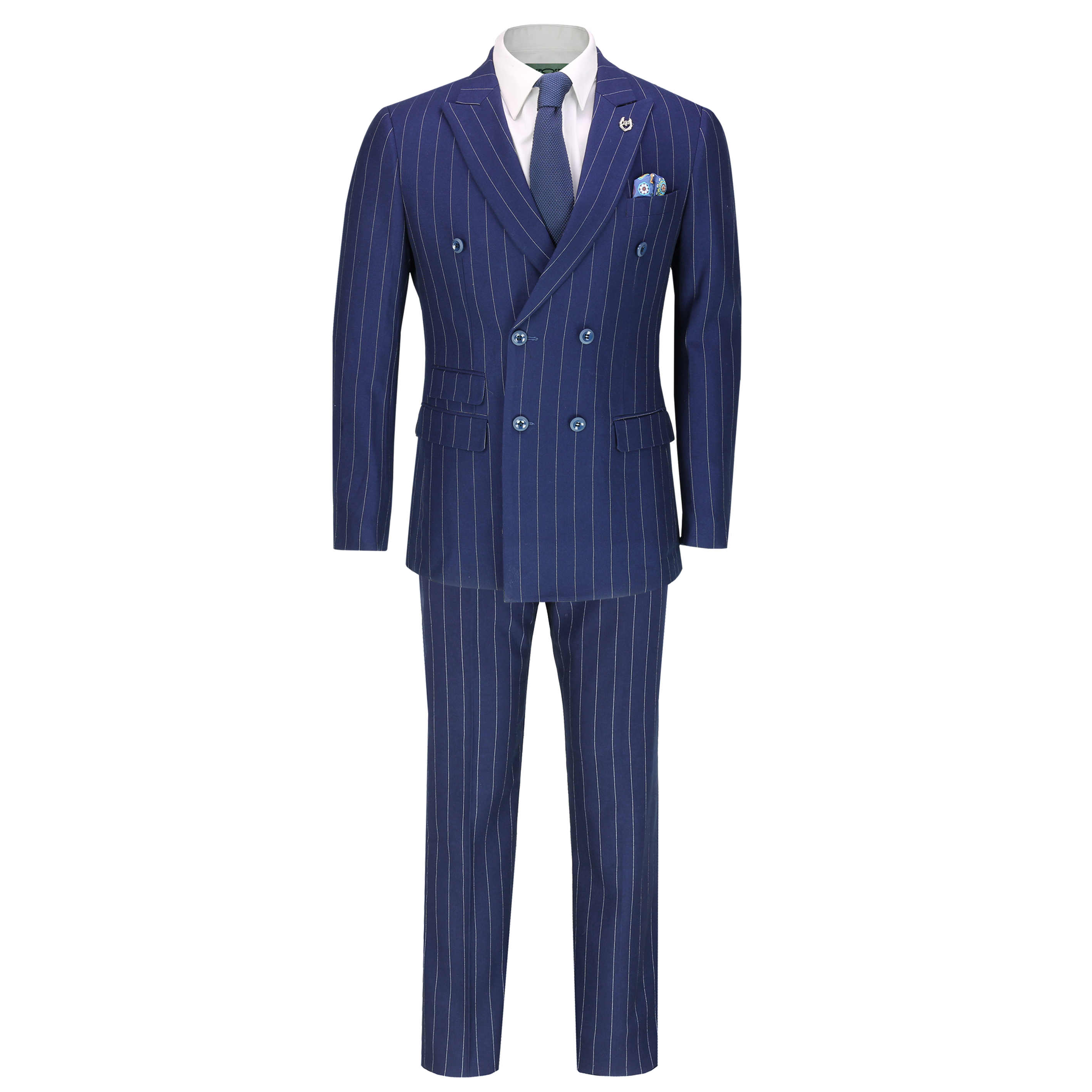 Mens 3 Piece Double Breasted Pencil Pin Stripe Suit Royal Blue Classic Retro Fit 