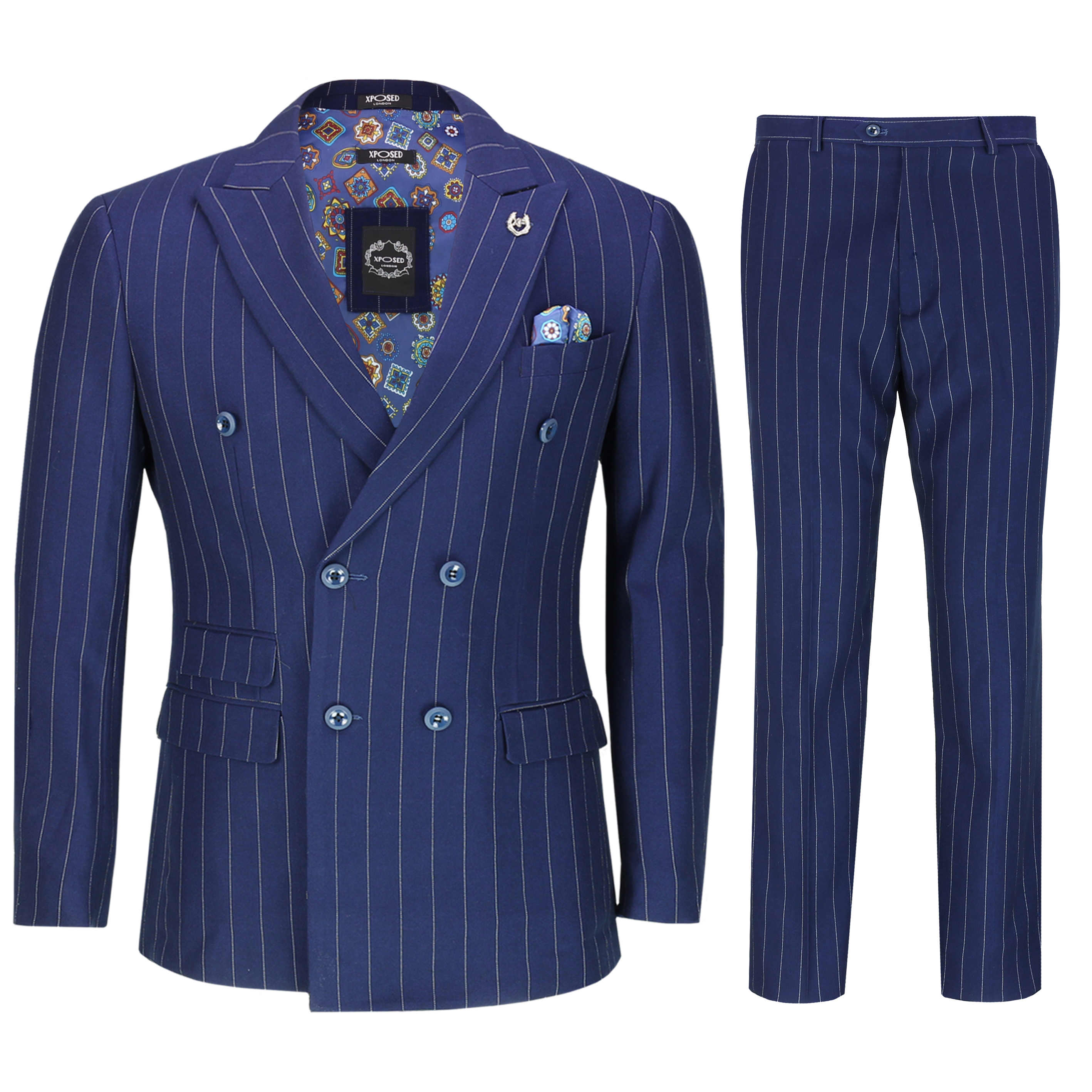 Men’s 3 Piece Double Breasted Suit Blue Pinstripe 1920 Retro Gatsby Tailored Fit
