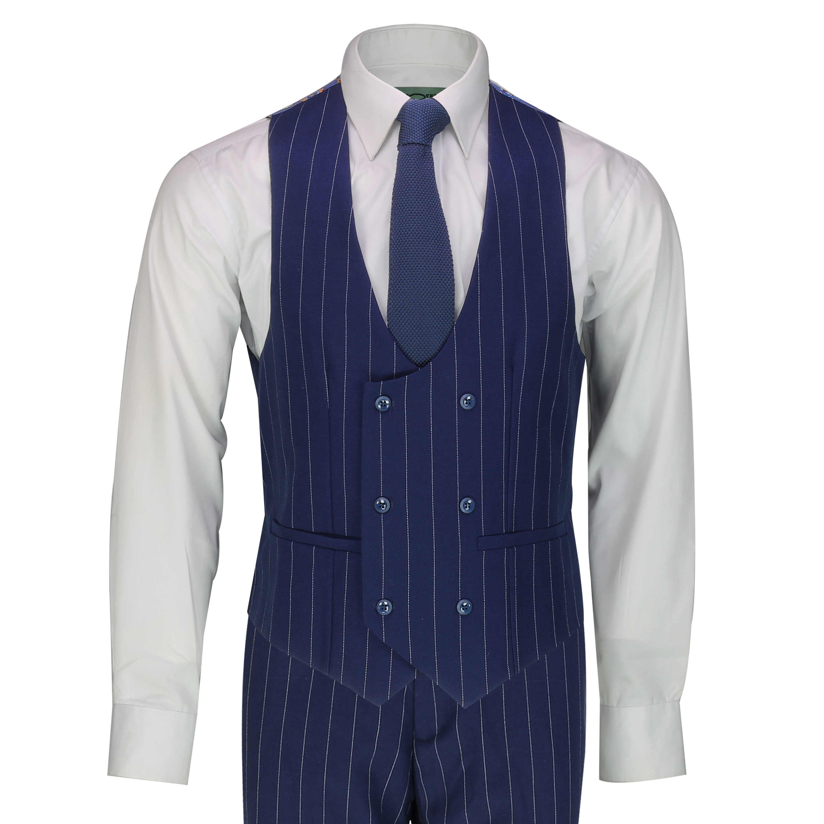 Mens 3 Piece Navy Double Breasted Suit 1920 Retro Pinstripe Classic ...