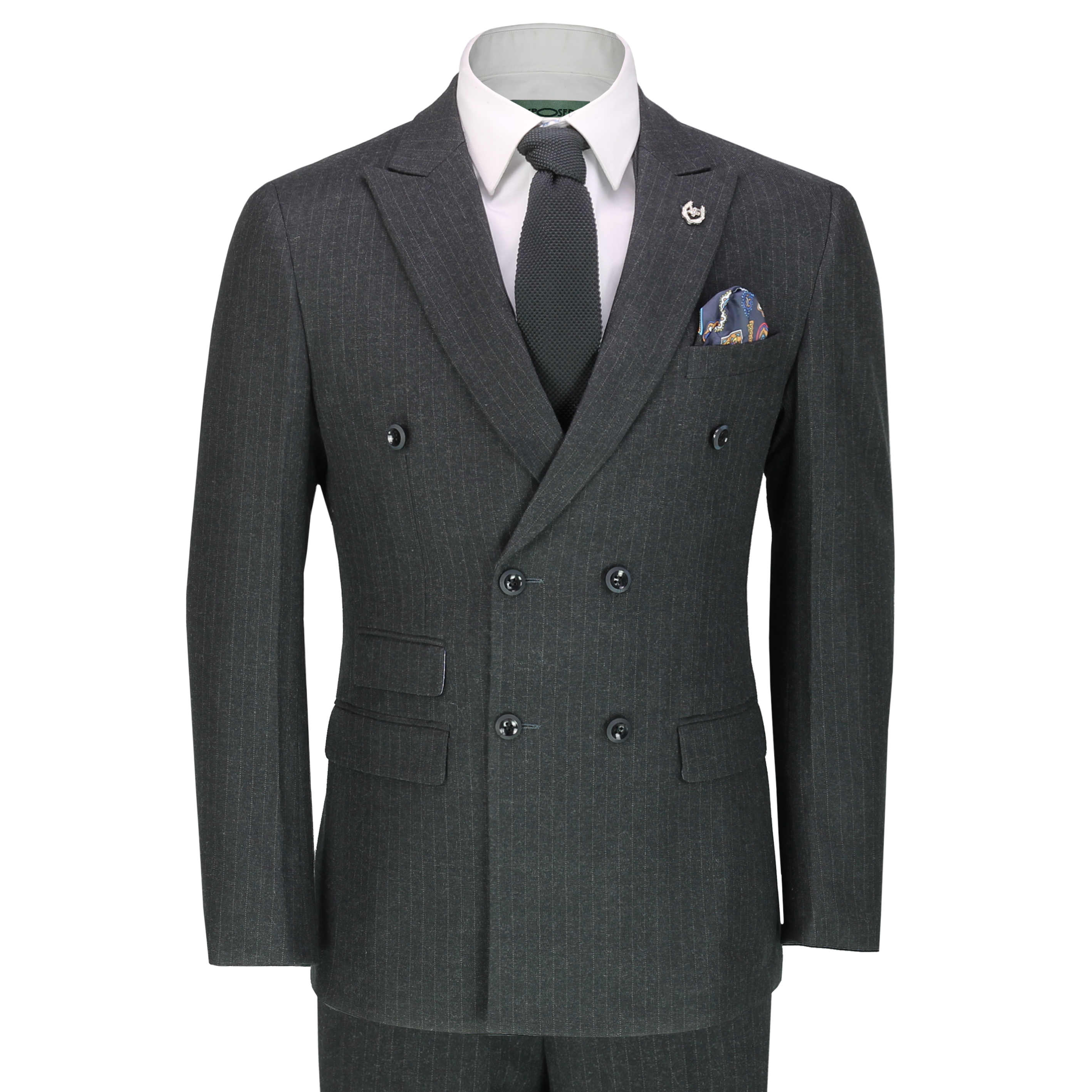 Vitali Classic Fit Gray With Red & White Chalk Stripe Double Breasted Suit 