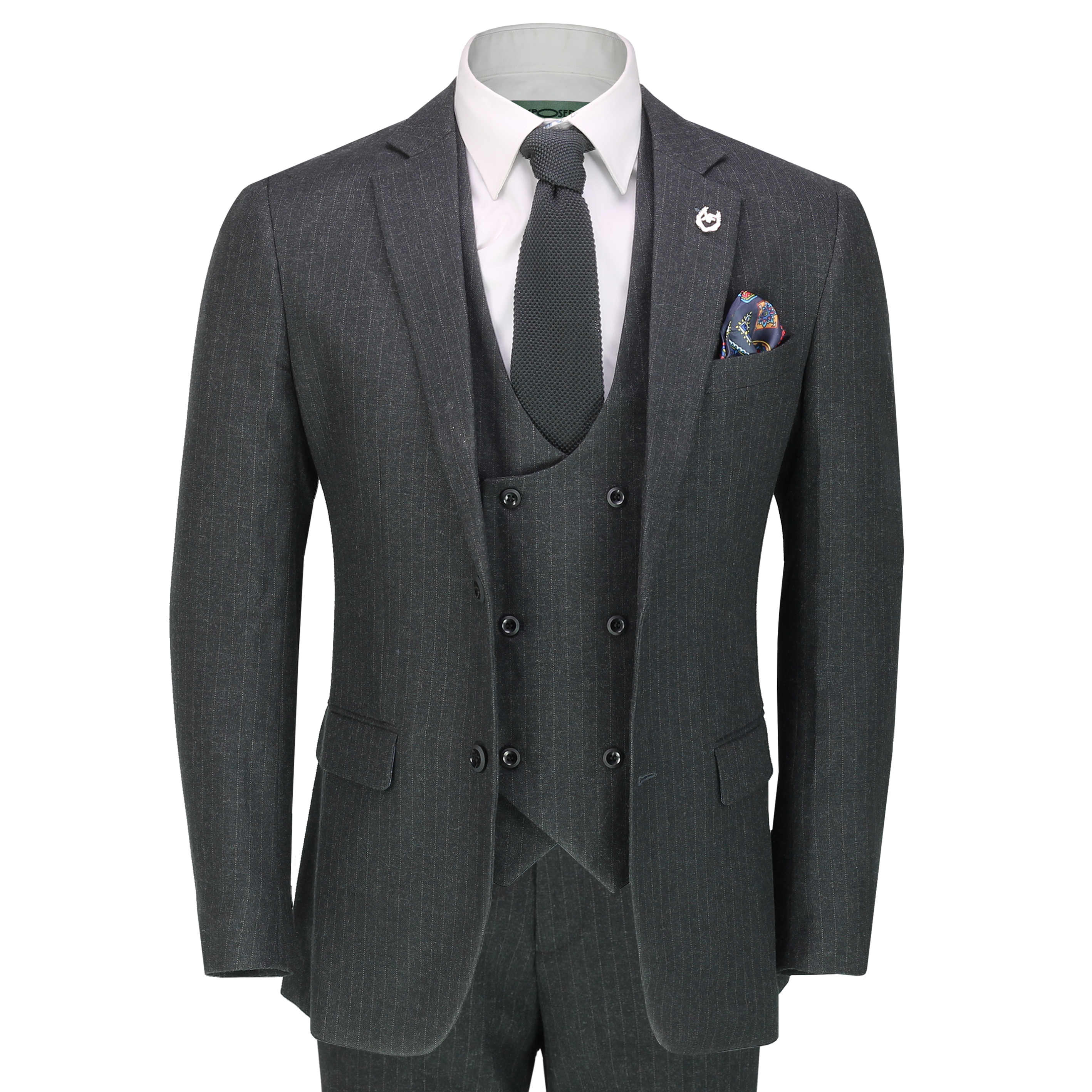 Men’s 3 Piece Grey Pinstripe Suit Classic Tailored Fit Jacket Waistcoat ...