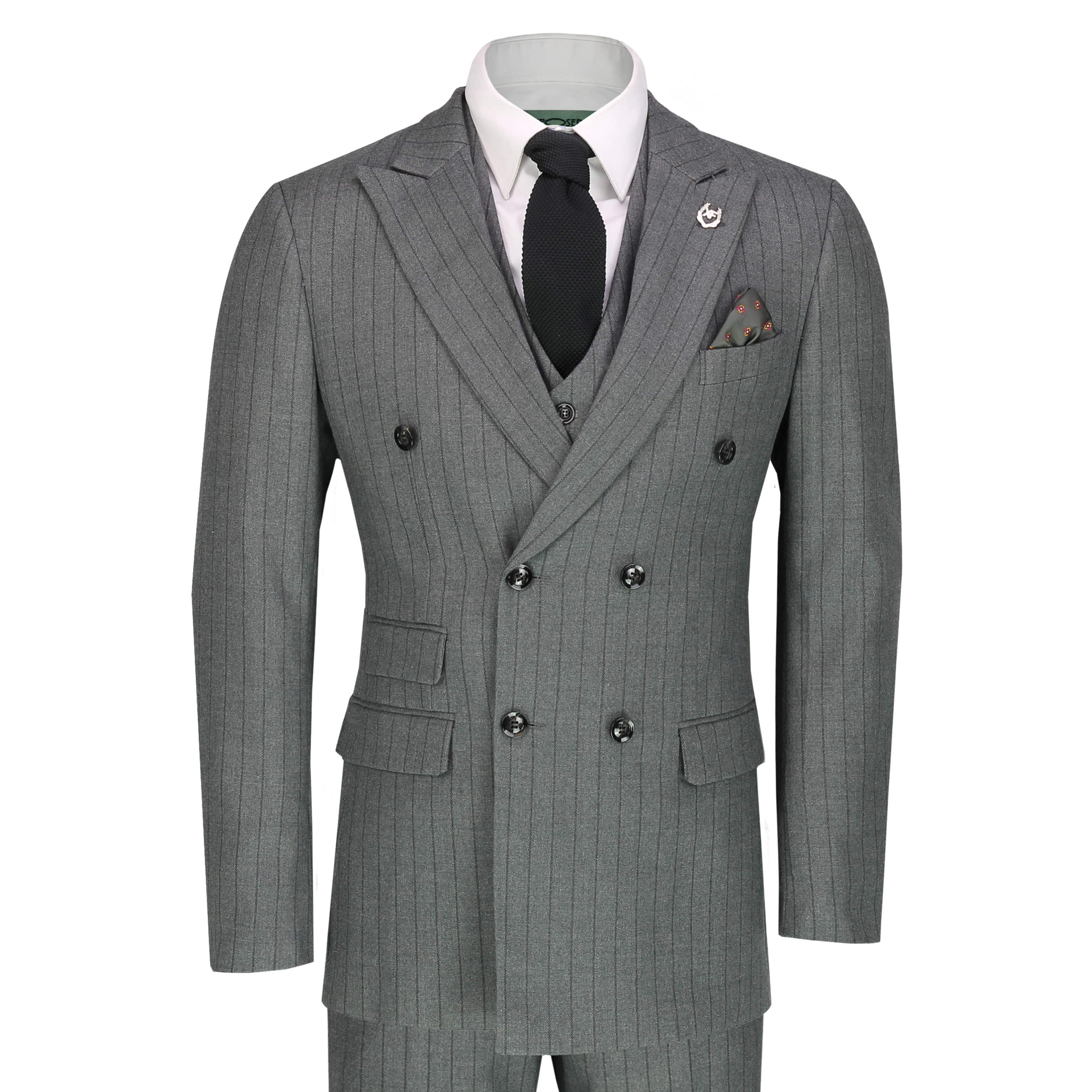 Men’s 3 Piece Double Breasted Suit Vintage Chalk Stripe Smart Classic ...