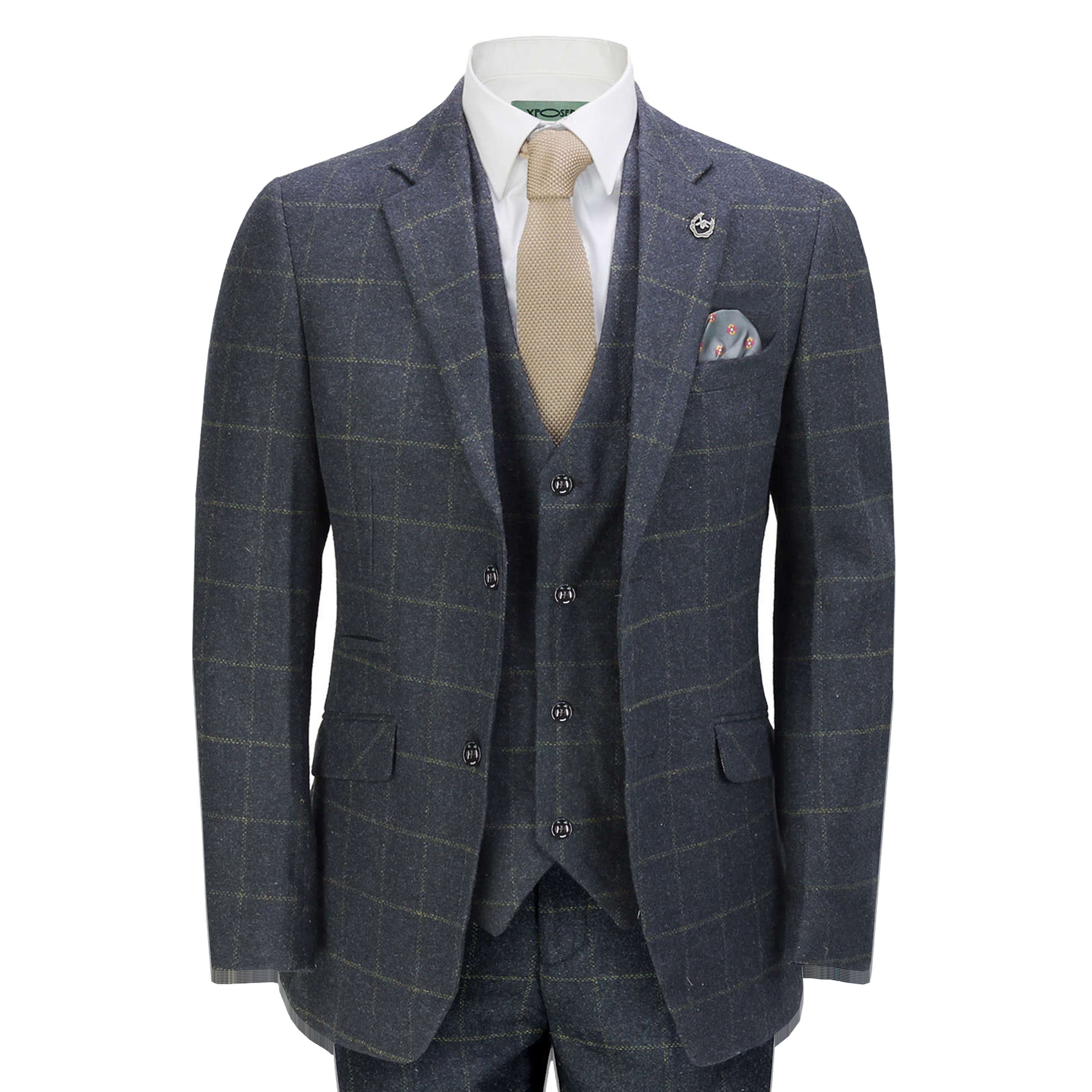 Mens Tweed Check Herringbone Peaky Blinders Wool Navy Tailored Fit 3 Piece Suit 