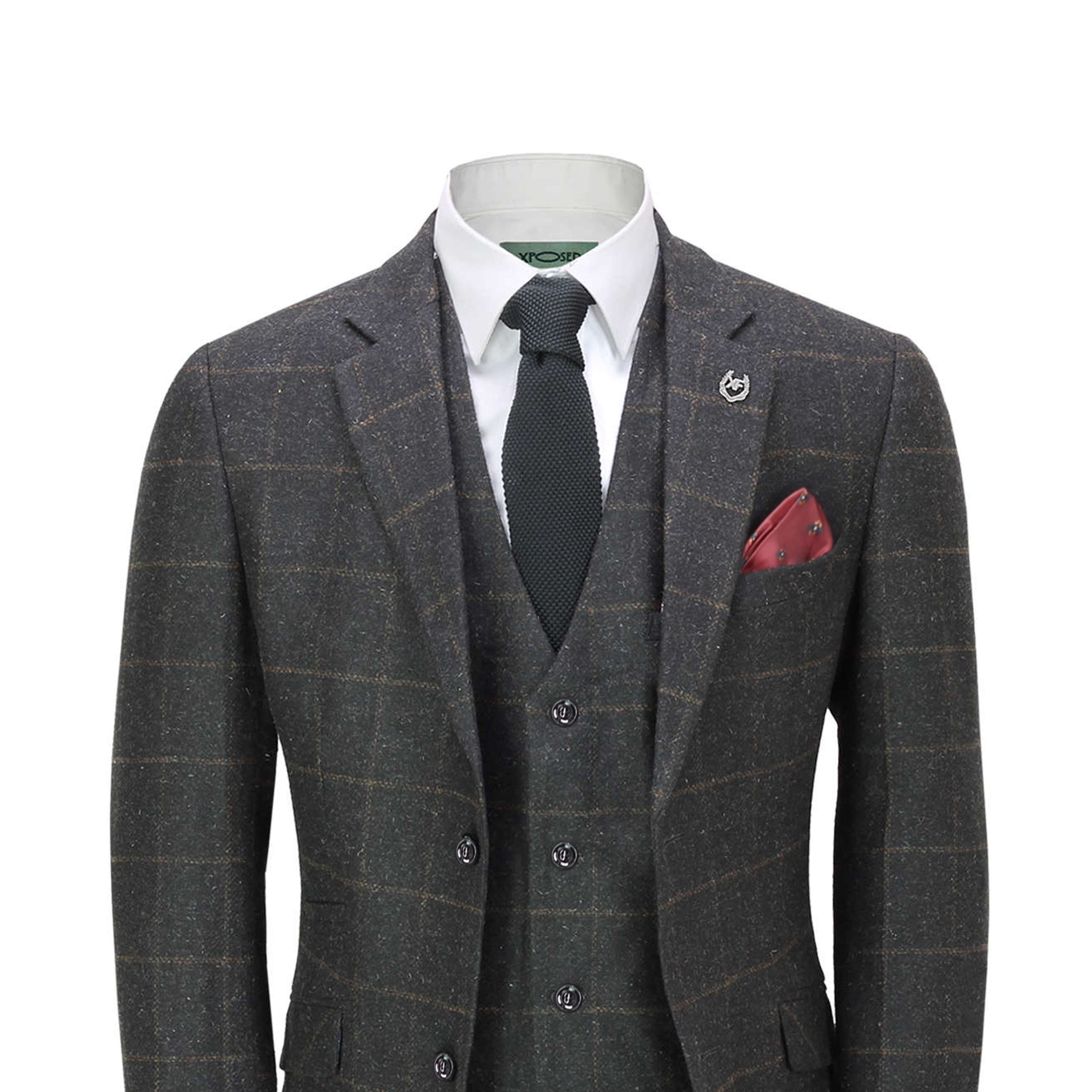 Mens 3 Piece Tweed Suit Check Wool Double Breast Peaky Blinders 1920s Retro 