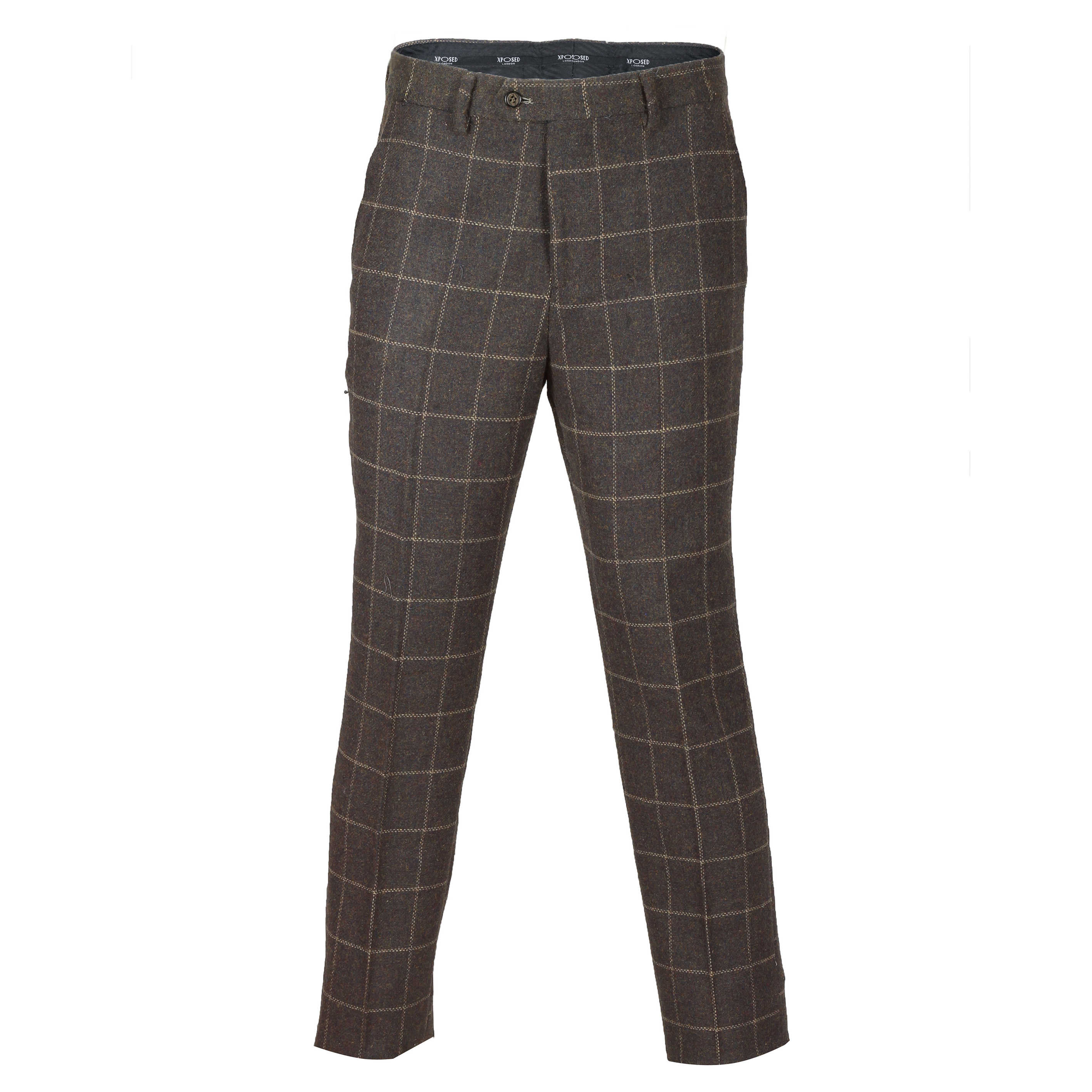 Mens Brown Vintage Tweed Check Trousers Retro Herringbone Classic Peaky ...