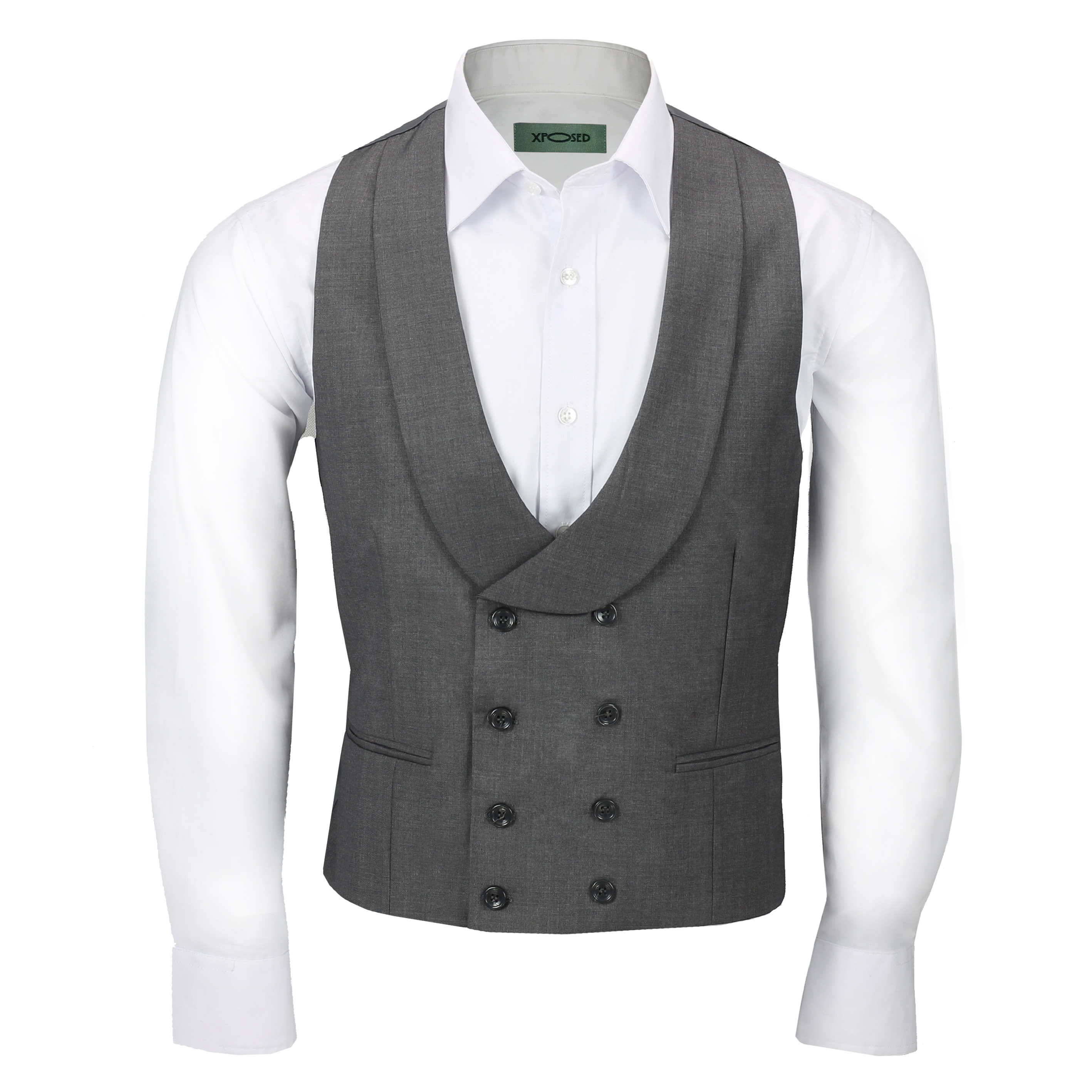 Xposed Mens Vintage Double Breasted Collar Waistcoat Retro Peak Lapel Tailored Fit Smart Casual Vest CWC-1-318-212-GREY,Chest UK 42 EU 52,Grey