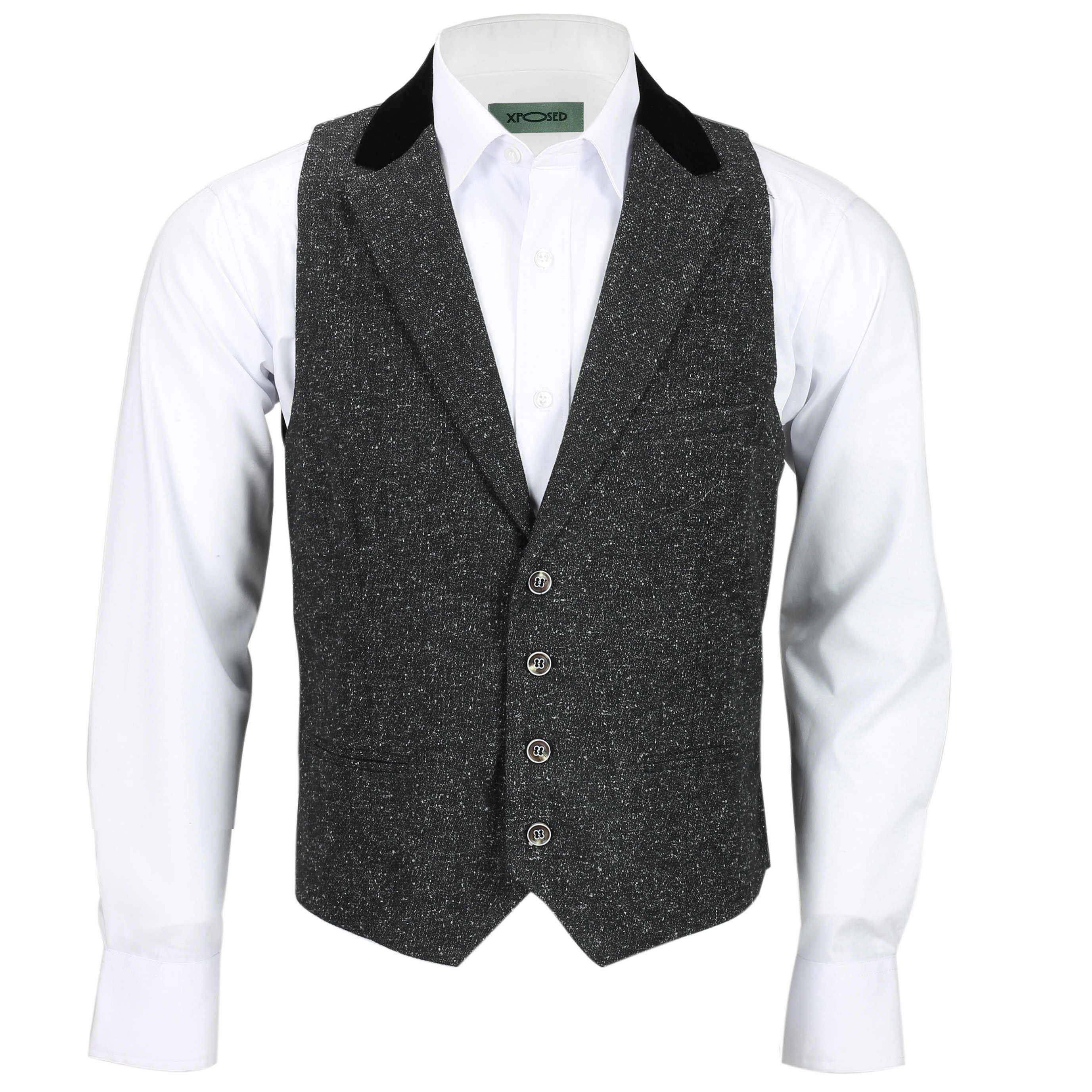 Mens Tweed Wool Waistcoat Vintage Velvet Collared Smart Casual Vest ...