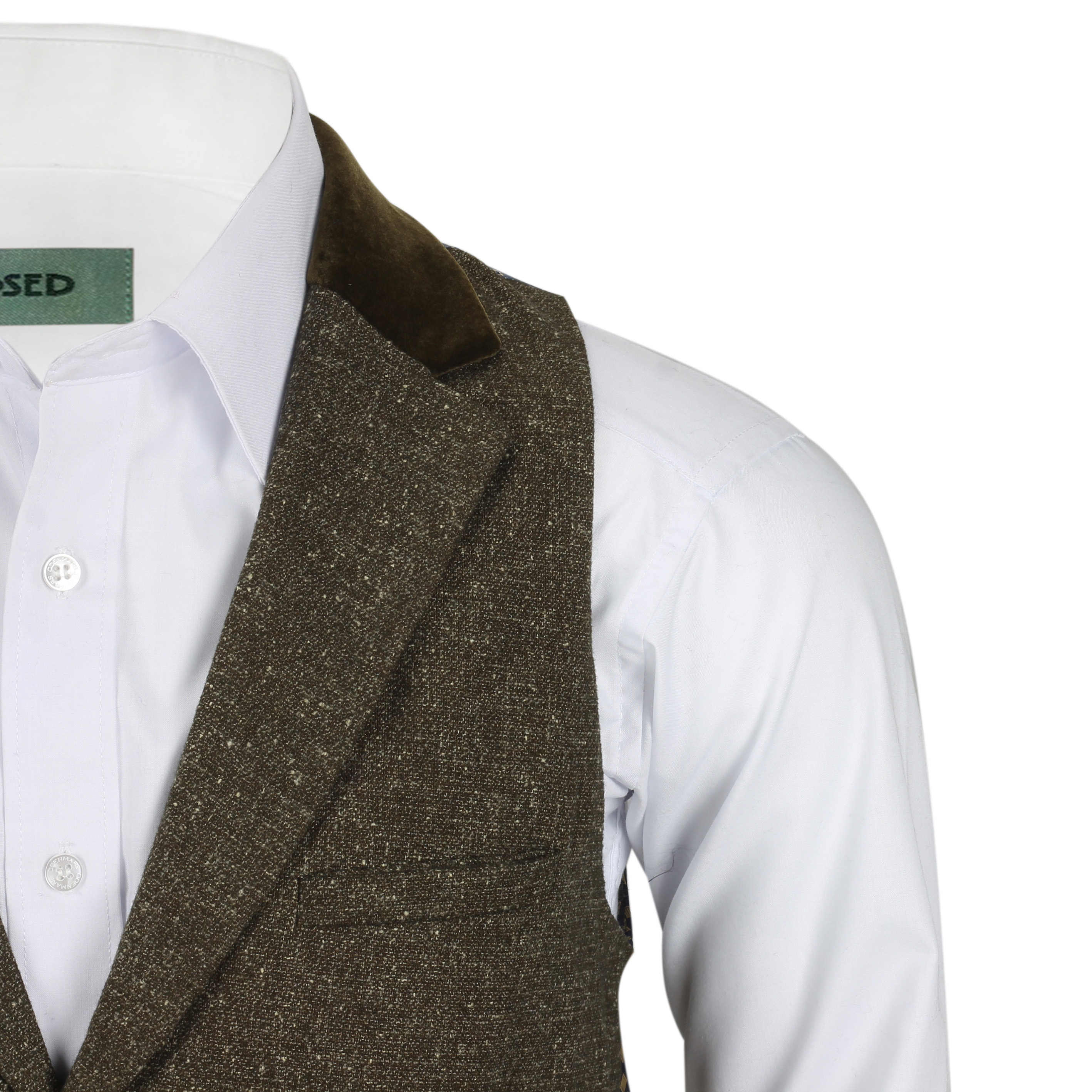 Mens Tweed Wool Waistcoat Vintage Velvet Collared Smart Casual Vest Brown Grey