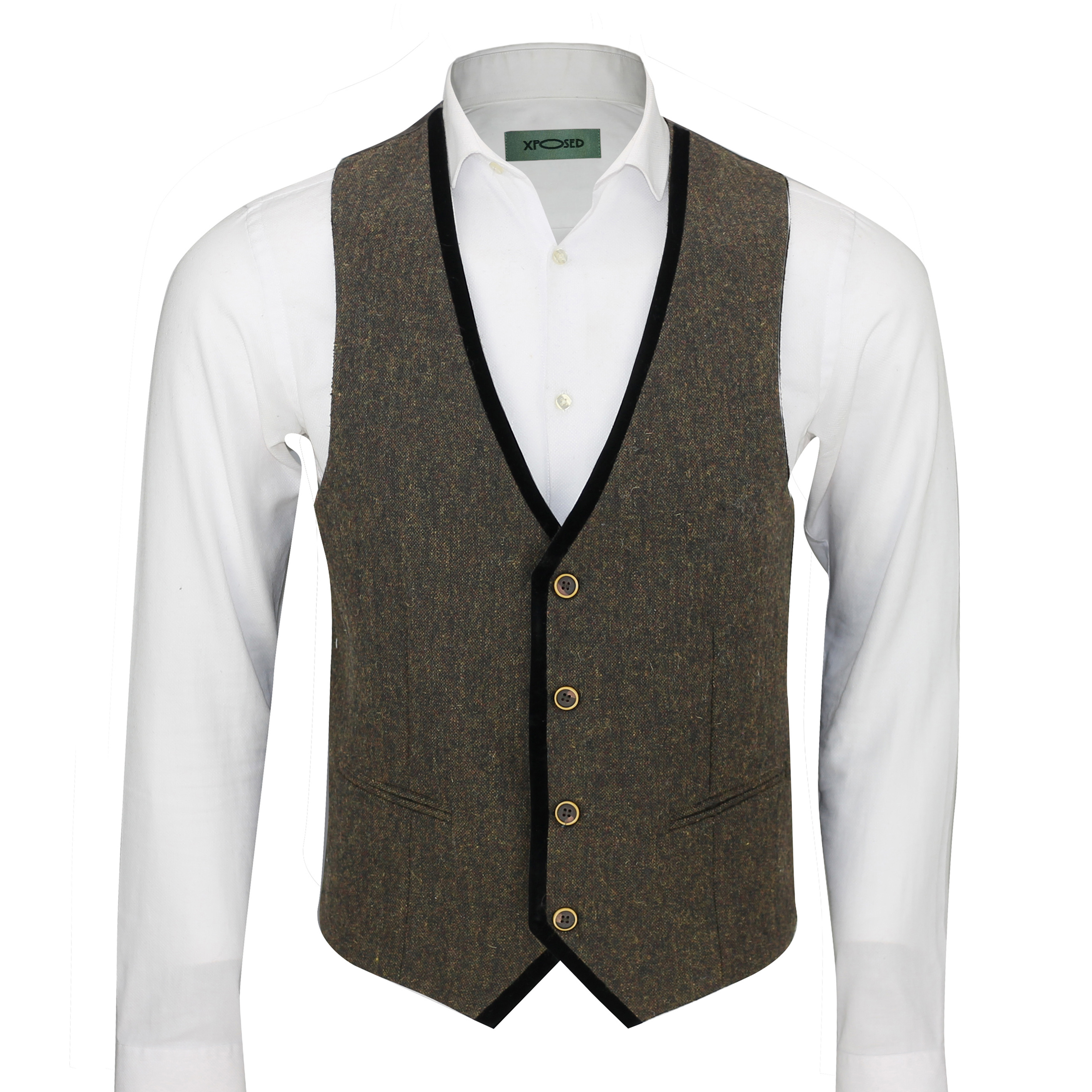 New Mens Tweed Waistcoat Herringbone Check Velvet Trim Vintage Formal ...