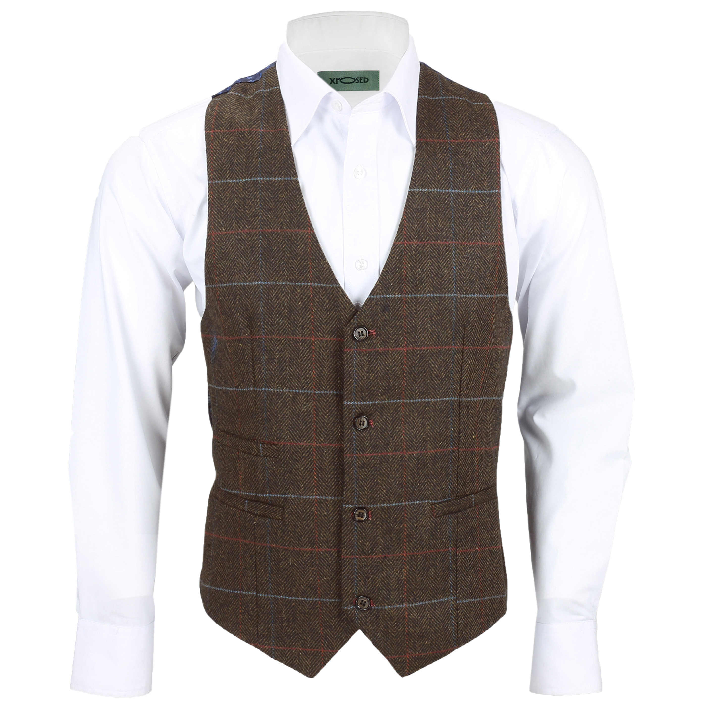 Mens Brown Tweed Check Waistcoat Herringbone Luxury Formal Tailored Fit ...