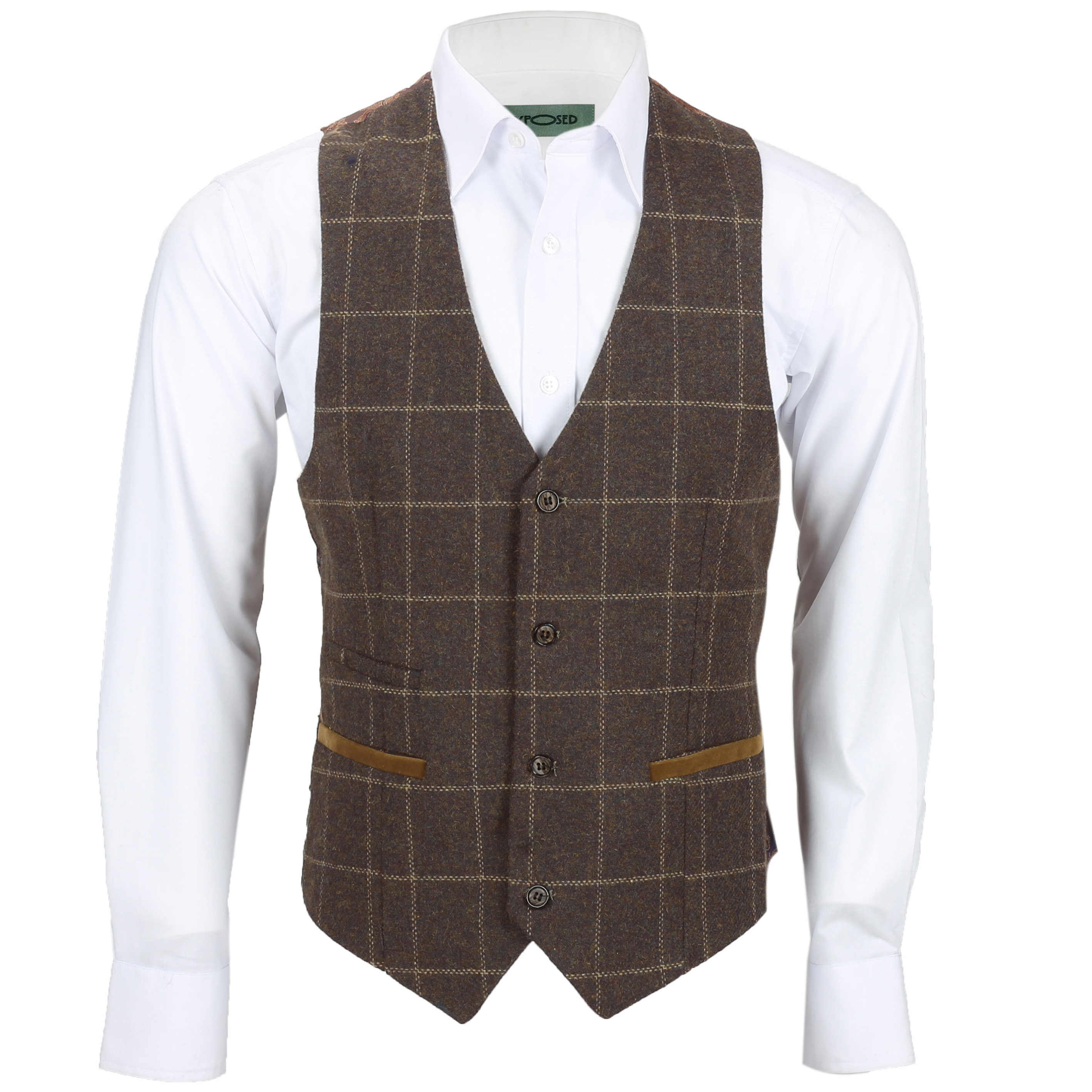 Mens Classic Tweed Herringbone Check Brown Grey Slim Fit Vintage Waistcoat Gilet 