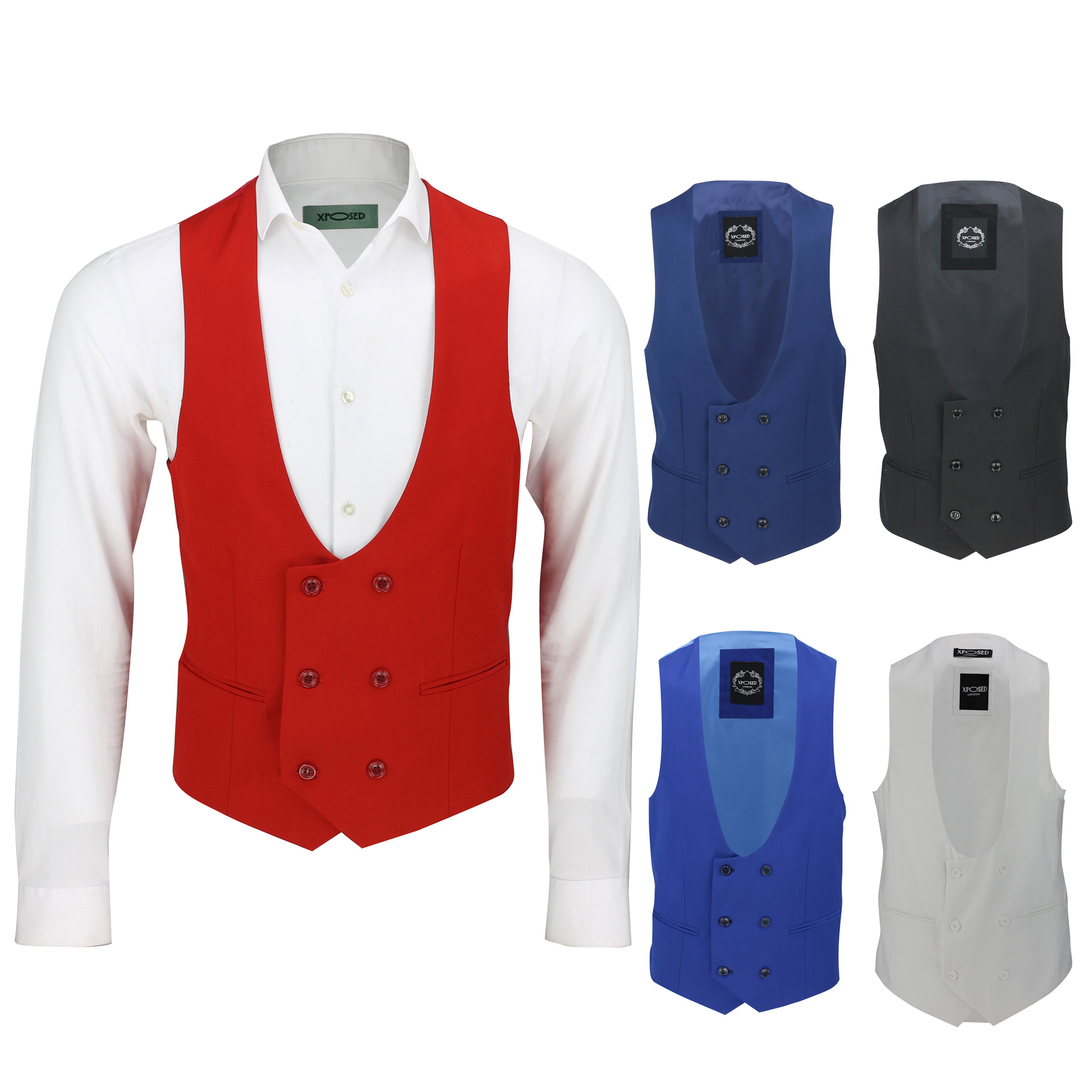 Mens Double Breasted Low U Cut Formal Suit Waistcoat Fitted Smart ...
