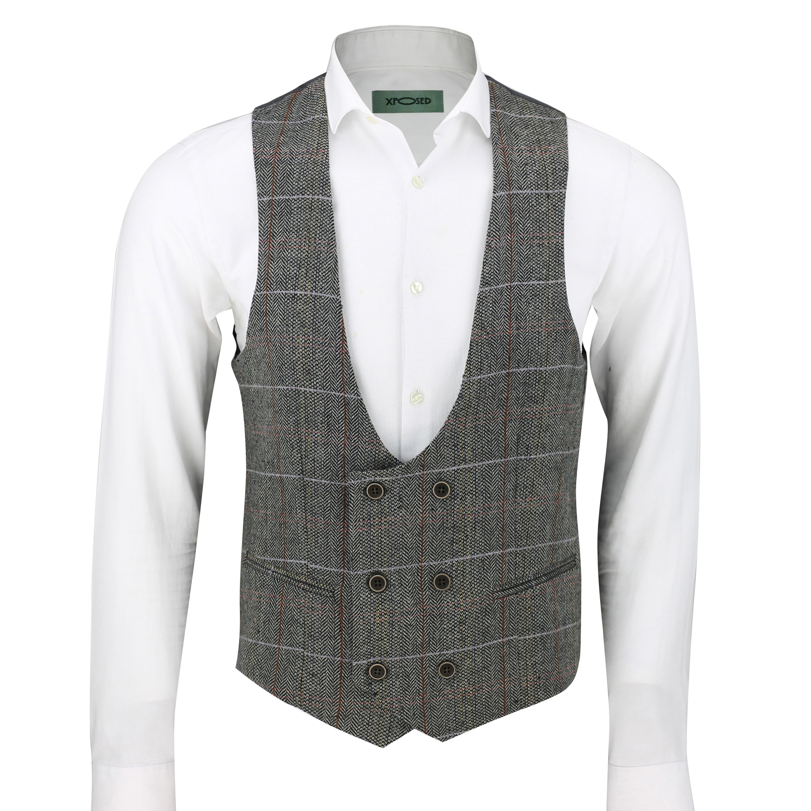 New Mens Tweed Waistcoat Herringbone Check Velvet Trim Vintage Formal Fit Vest 