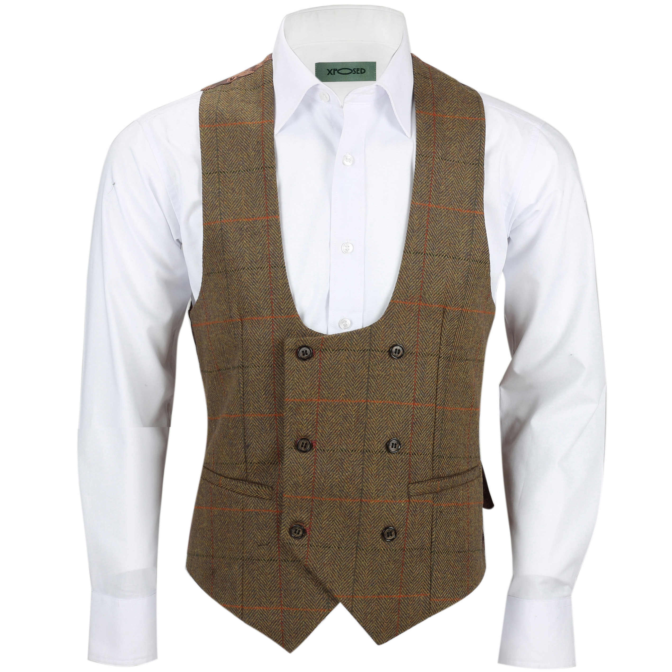 Mens Double Breasted Waistcoat Classic Low U Cut Herringbone Tweed Check Vest