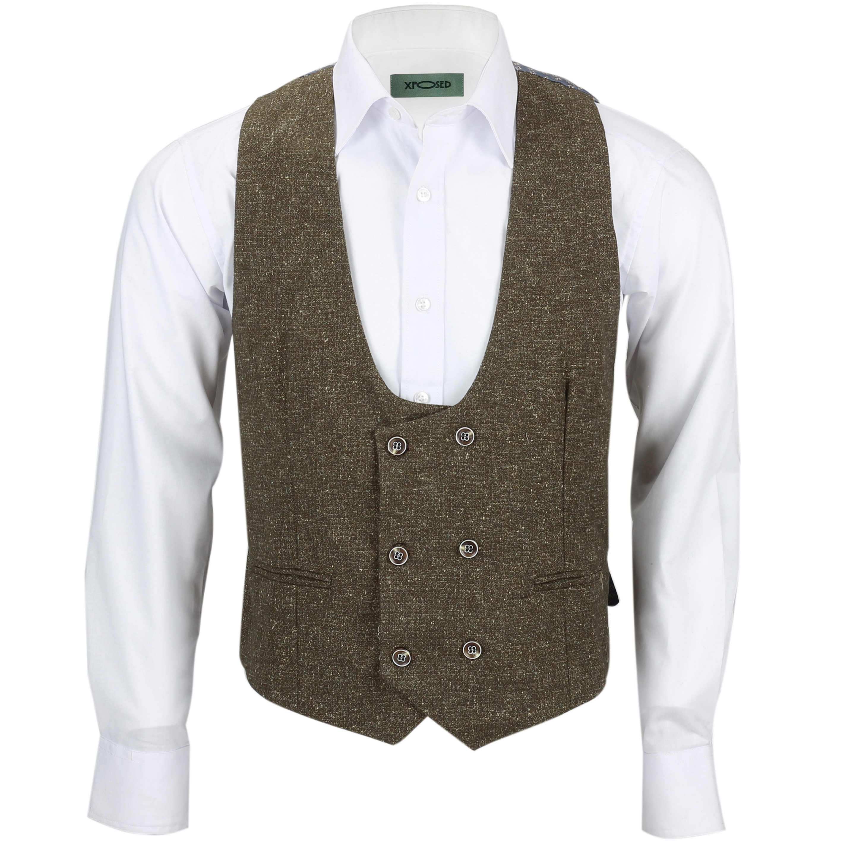 Mens Double Breasted Waistcoat Classic Low U Cut Herringbone Tweed Check Vest