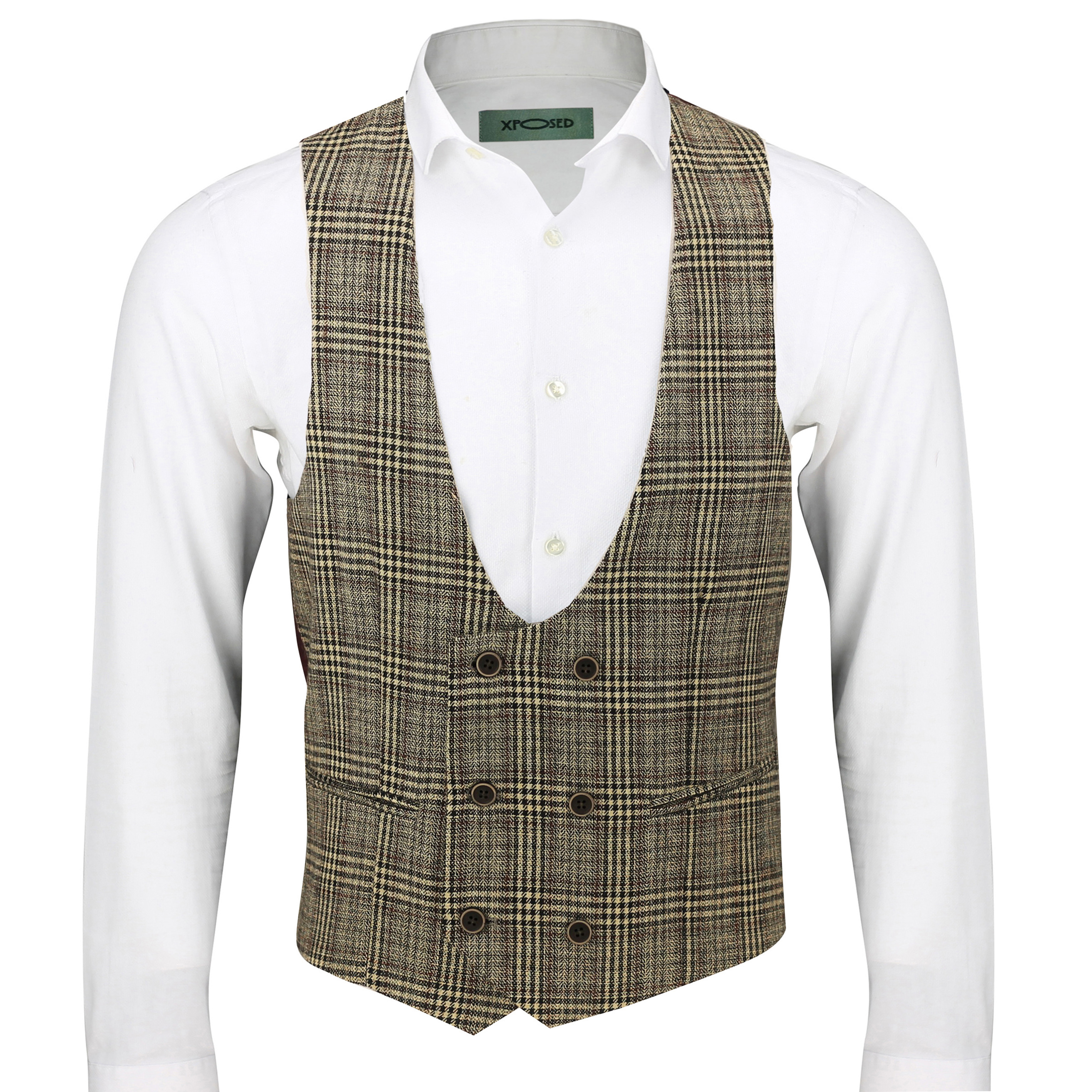 Mens Double Breasted Waistcoat Classic Low U Cut Herringbone Tweed Check Vest 