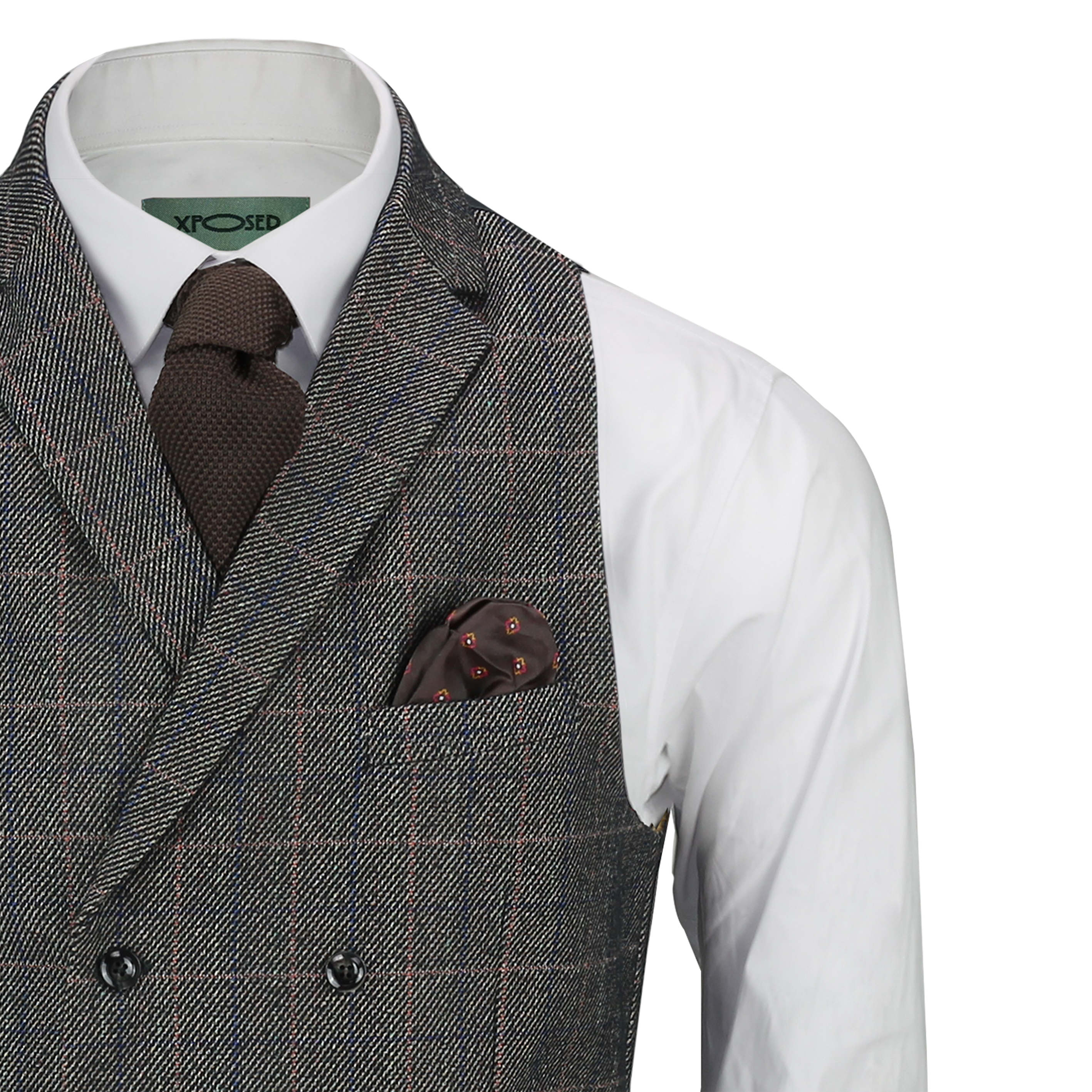 Men's Tweed Check Waistcoat Vintage Double Breasted Collar Tailored Fit ...