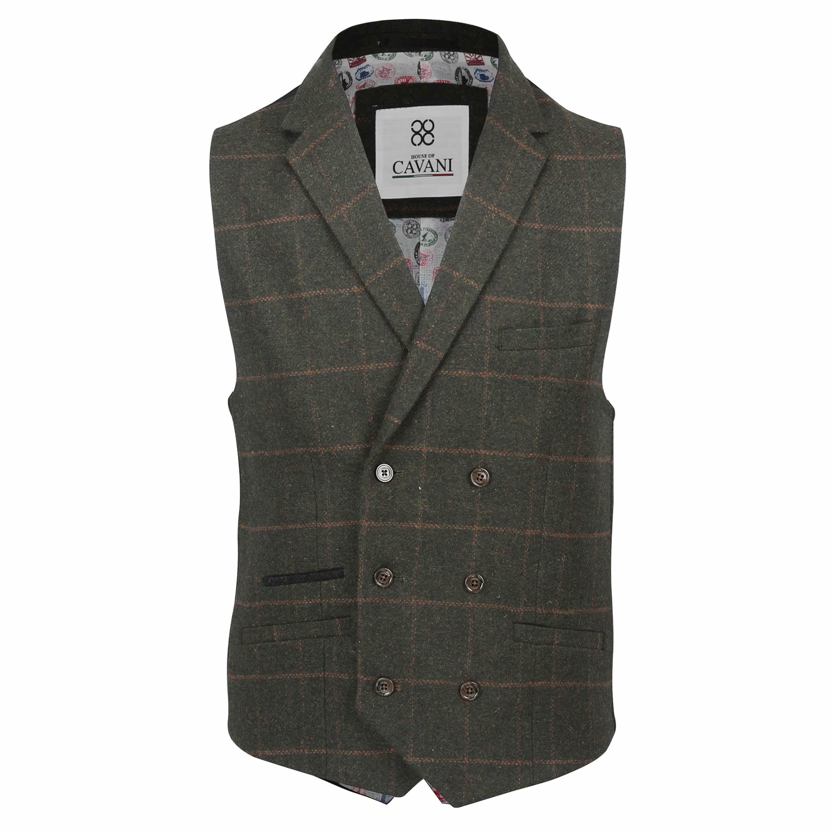 Mens Double Breasted Collar Waistcoat Green Wool Herringbone Tweed ...