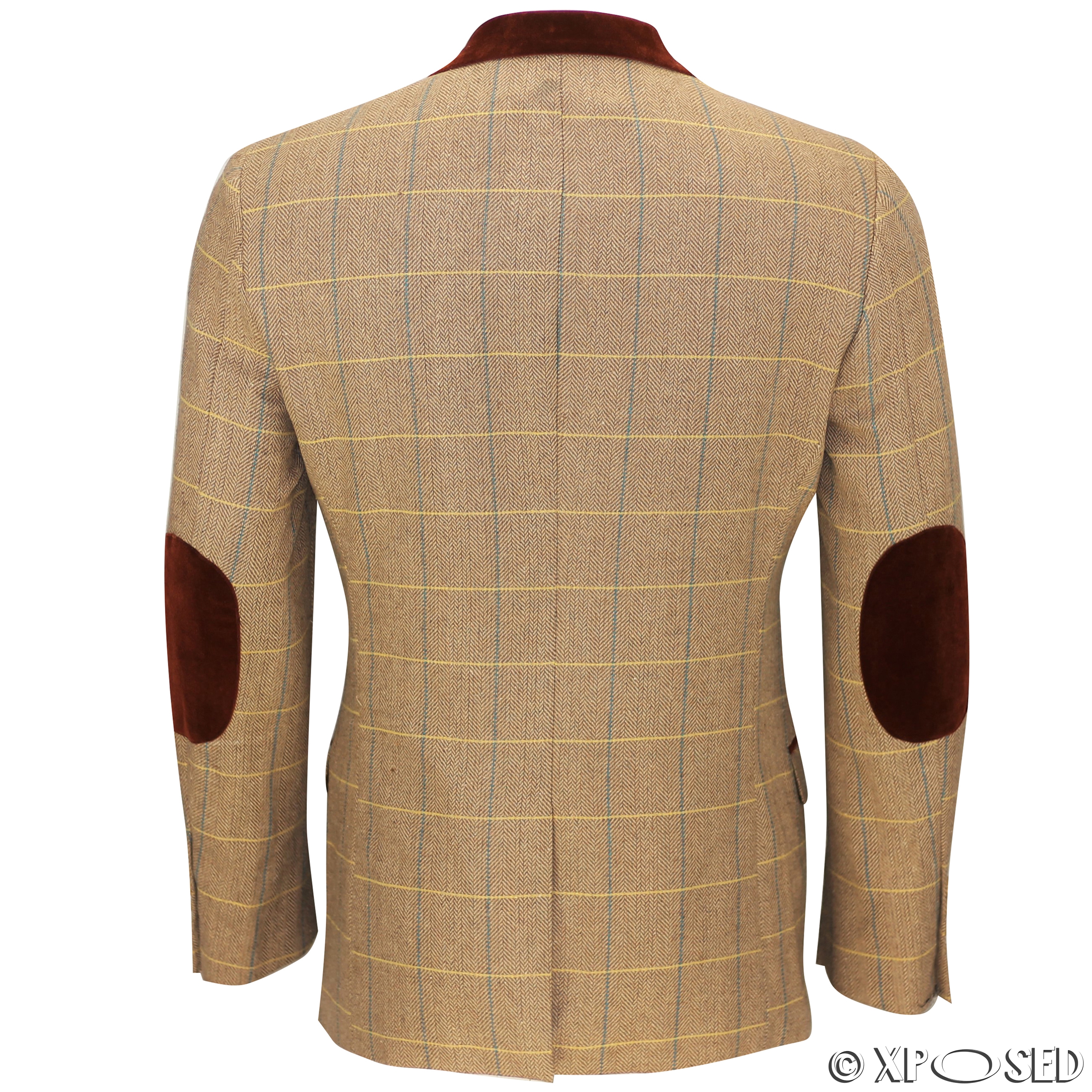 Mens Vintage Tweed Herringbone Check Blazer Brown Grey Velvet Collar ...