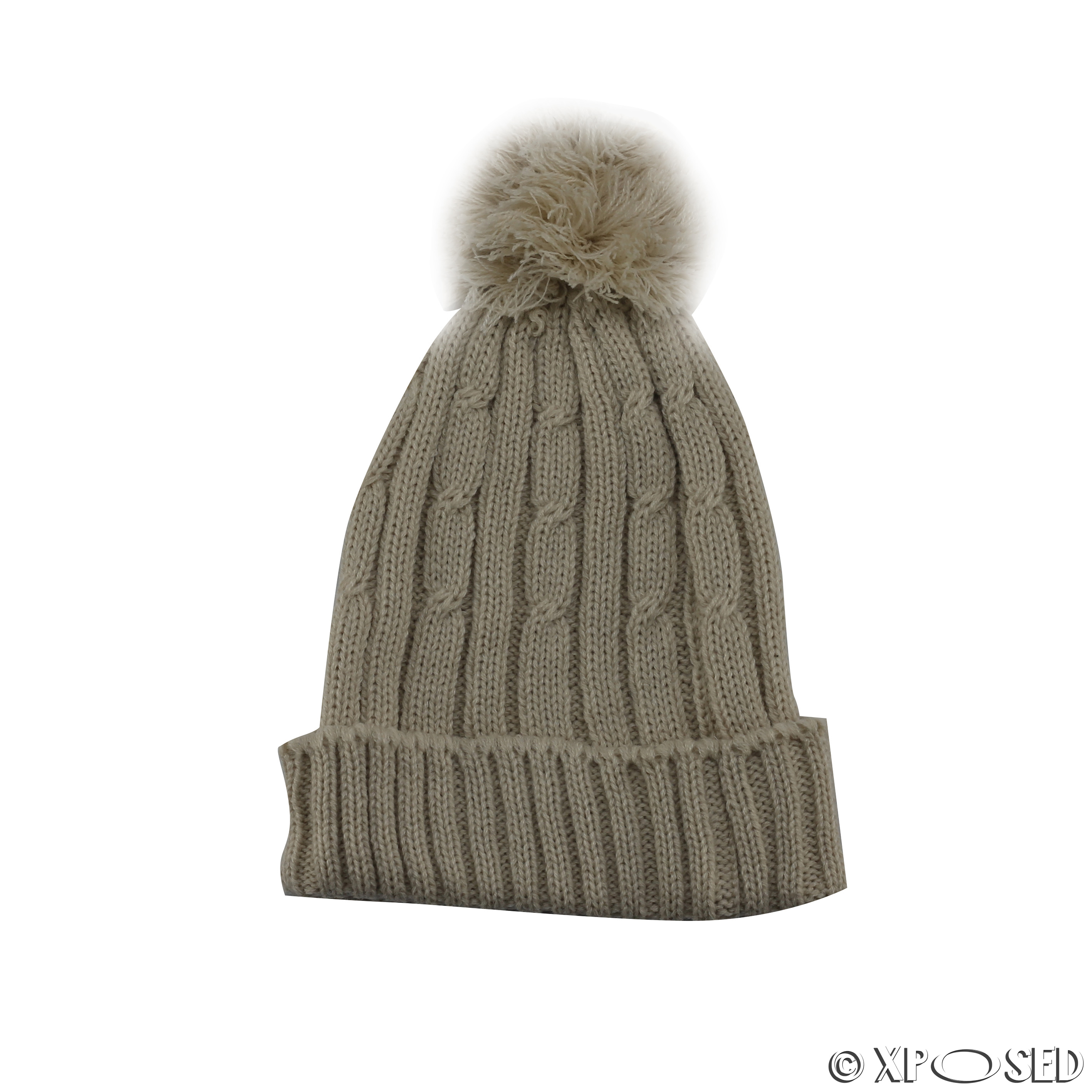 Unisex Mens Ladies Warm Winter Knitted Beanie Faux Raccoon Fur Bobble Hat Cap