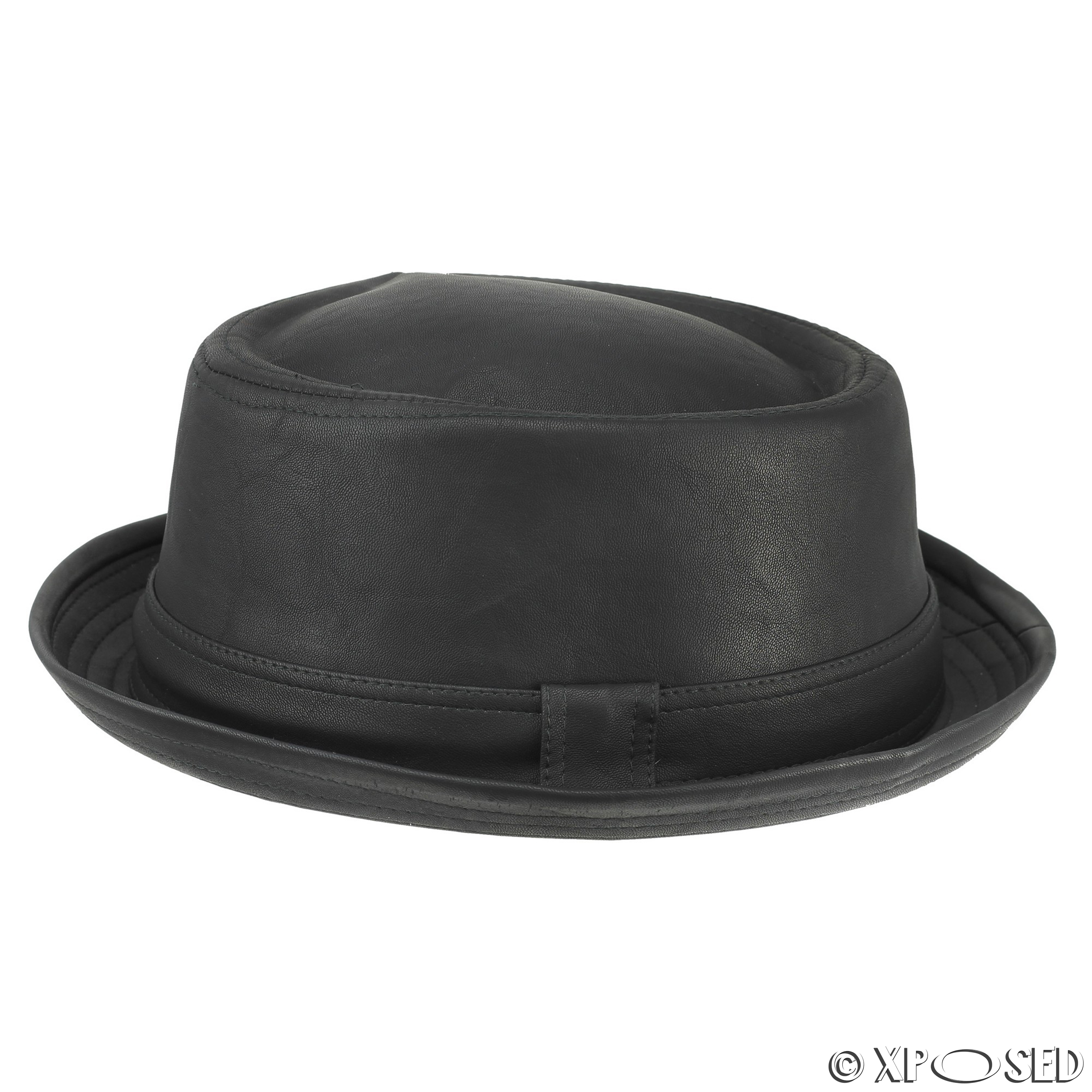 Black Adult Pork Pie Trilby Fedora Faux Leather Hat Band Unisex Breaking Bad Heisenberg Style 