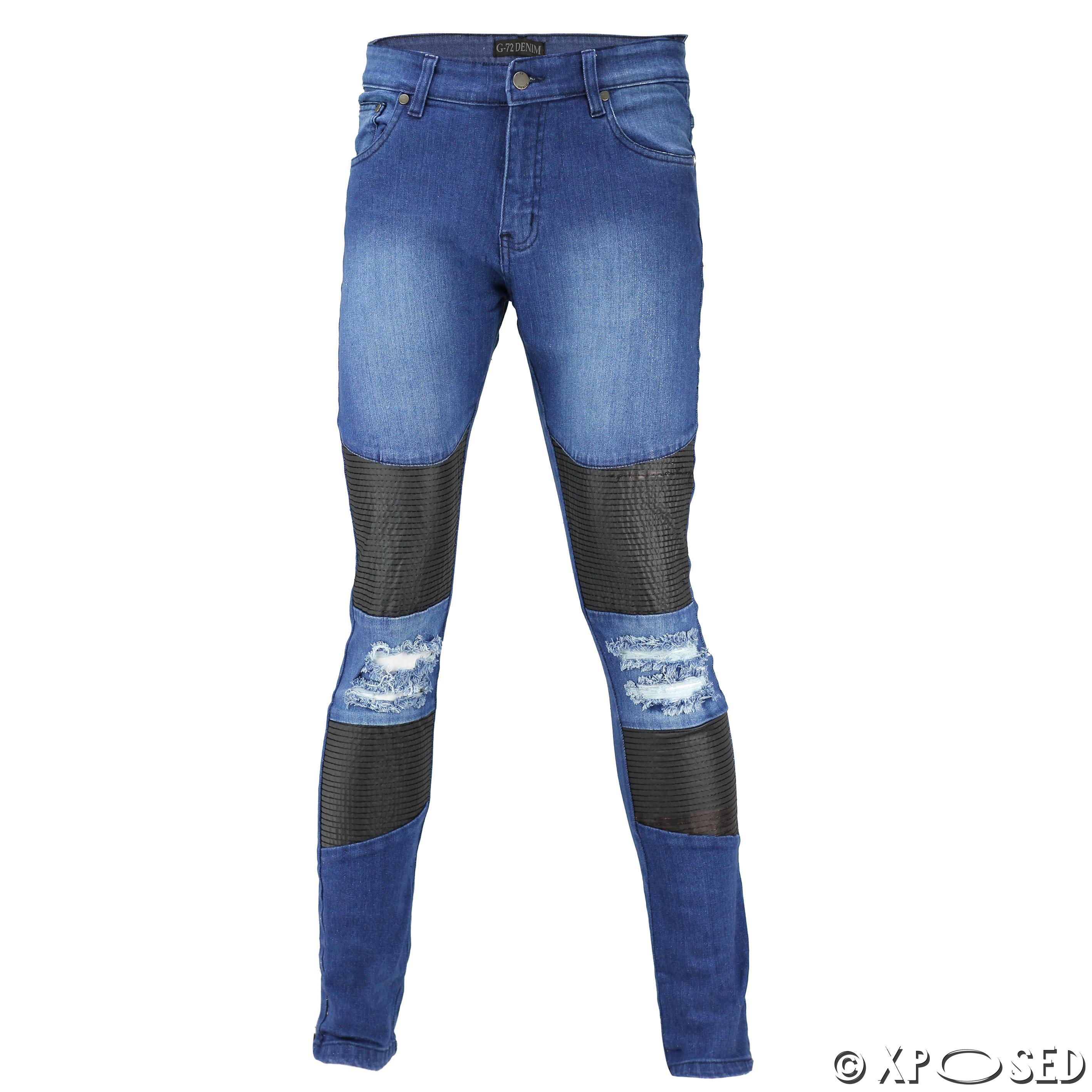 Mens Blue Skinny Jeans Leather Look Knee Biker Panels Super Stretch ...
