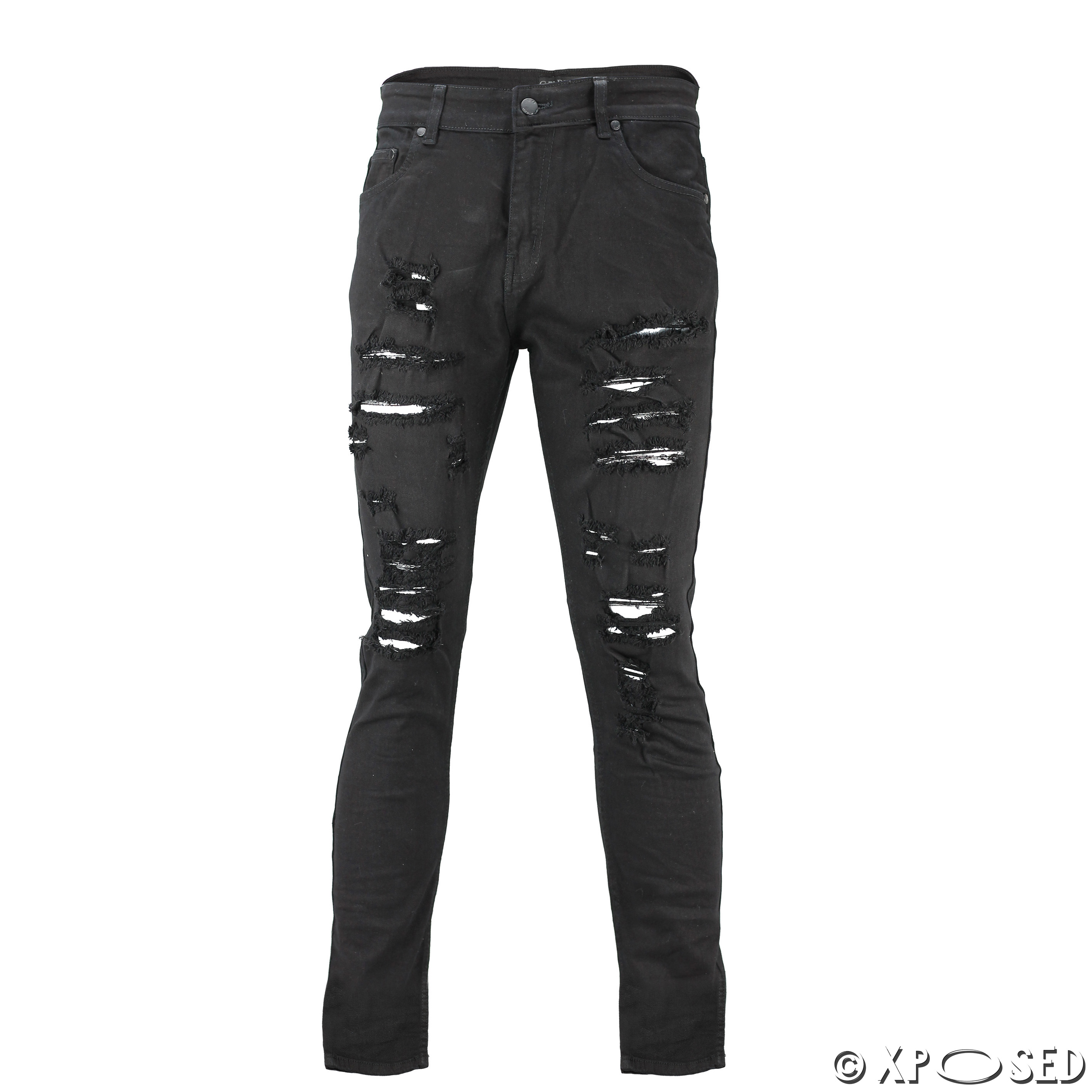 New Mens Skinny Jeans Super Stretch Ripped Cutaway Extreme Open Frayed ...