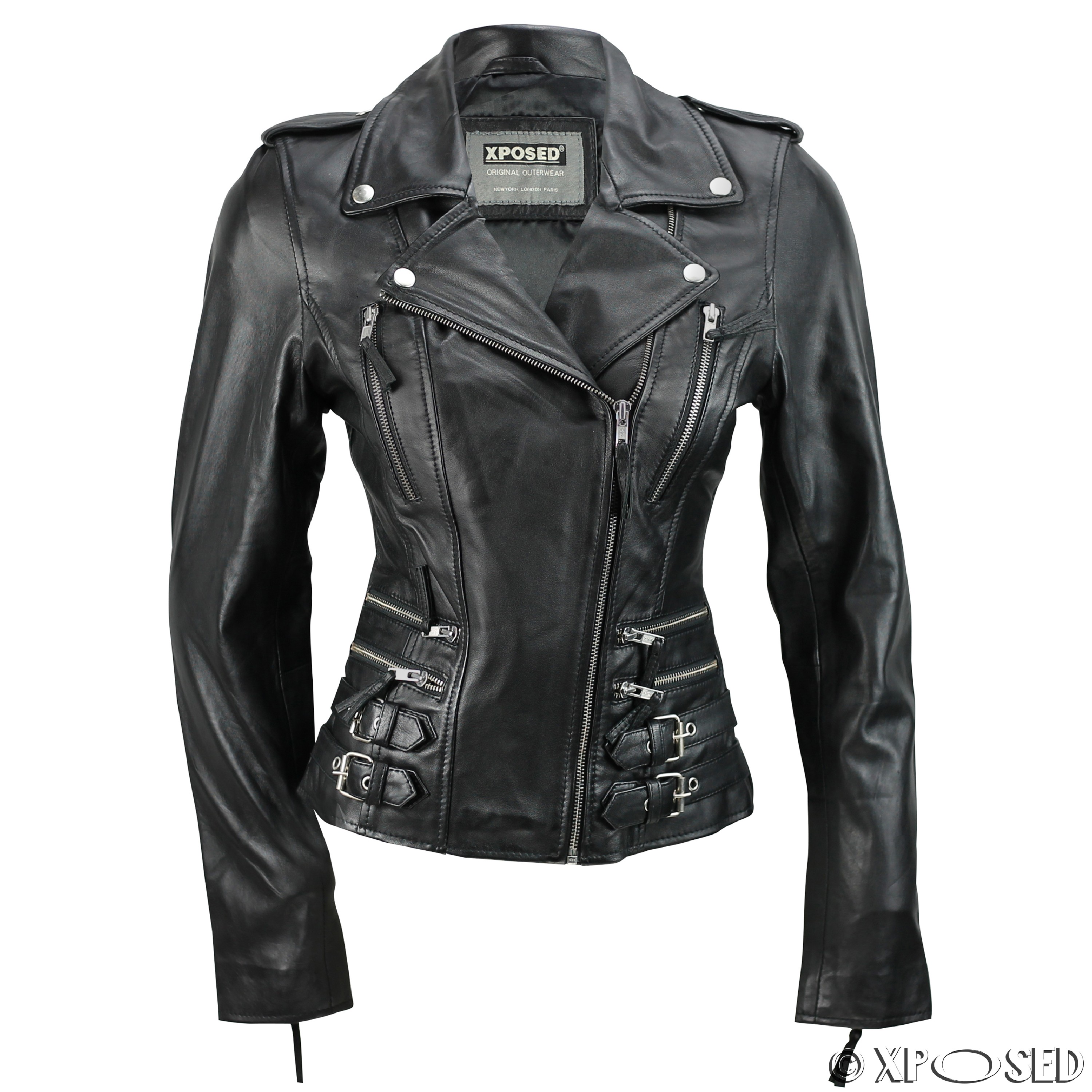 Ladies Womens Tan Blue Real Leather Fitted Vintage Biker Style Zip ...