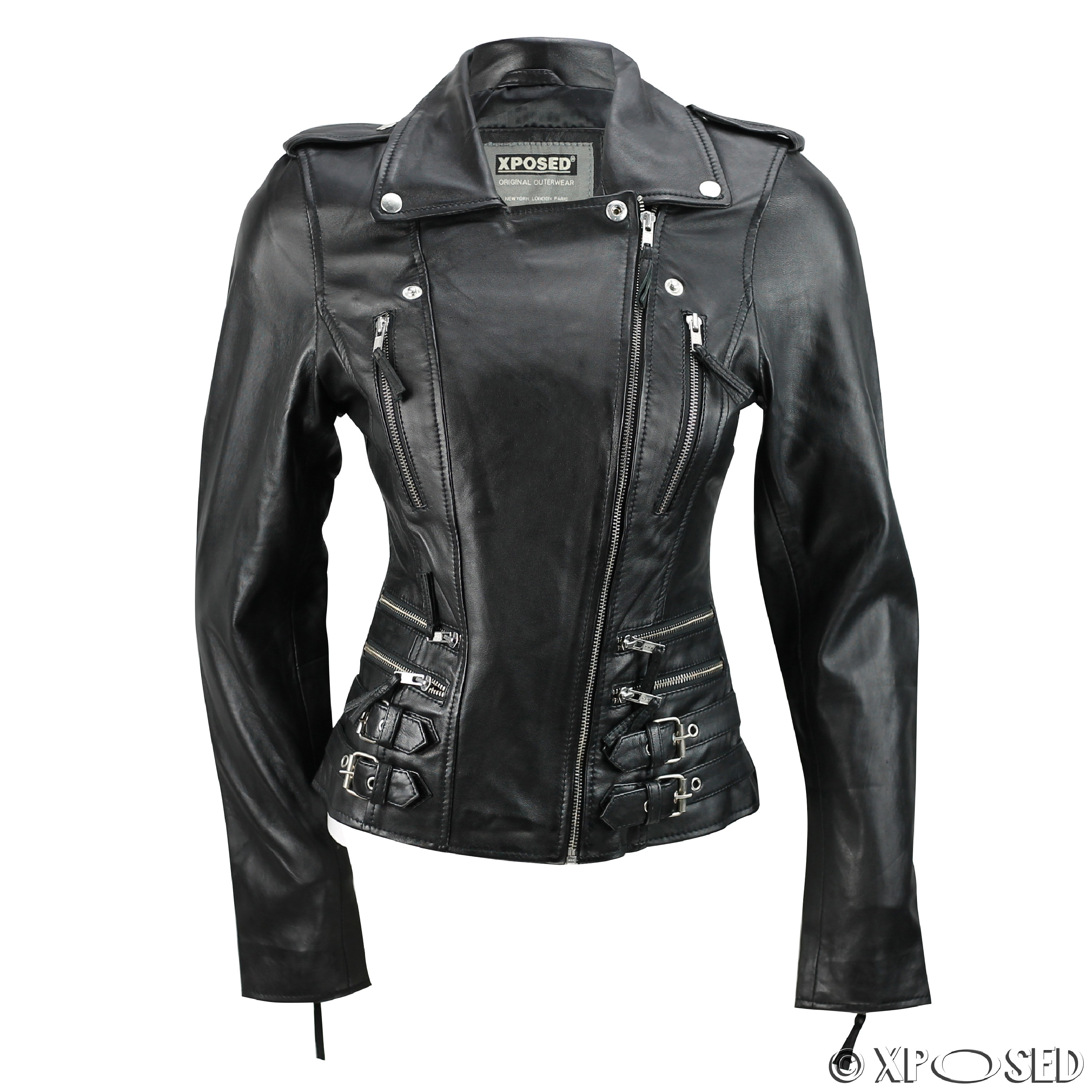 Ladies Womens Tan Blue Real Leather Fitted Vintage Biker Style Zip ...