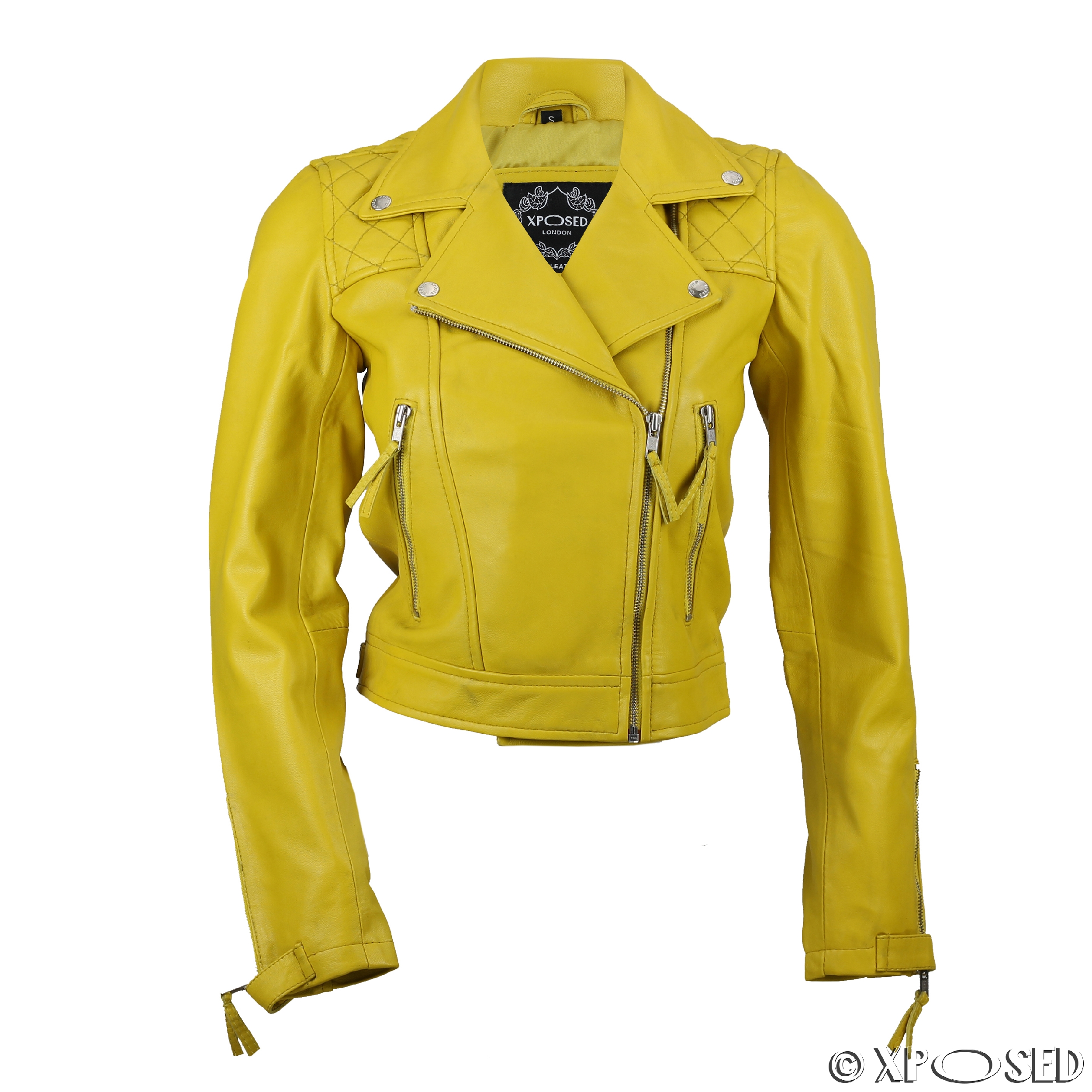 Ladies Womens Yellow Soft Real Leather Vintage Slim Fit Zip Biker Style ...