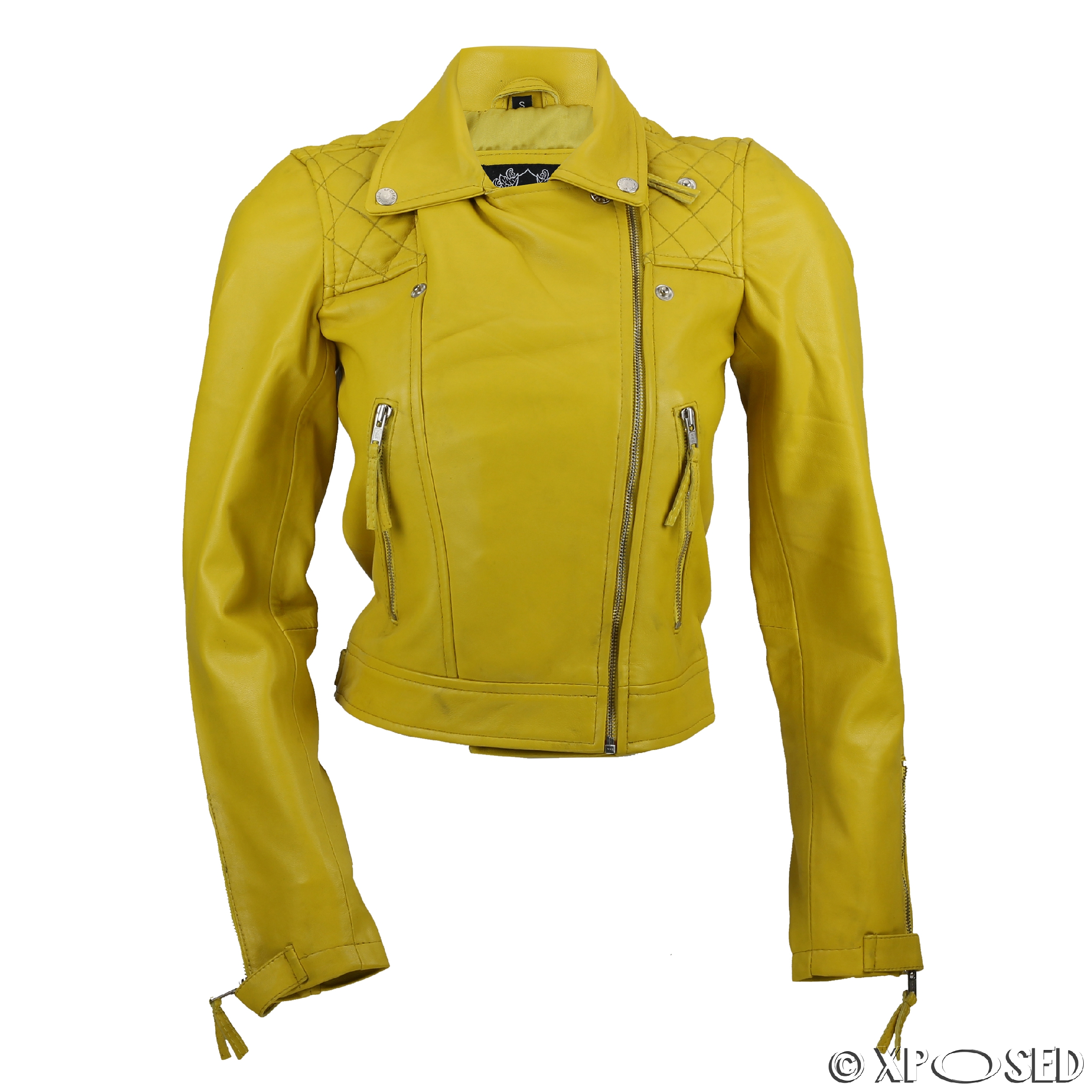 Ladies Womens Yellow Soft Real Leather Vintage Slim Fit Zip Biker Style ...