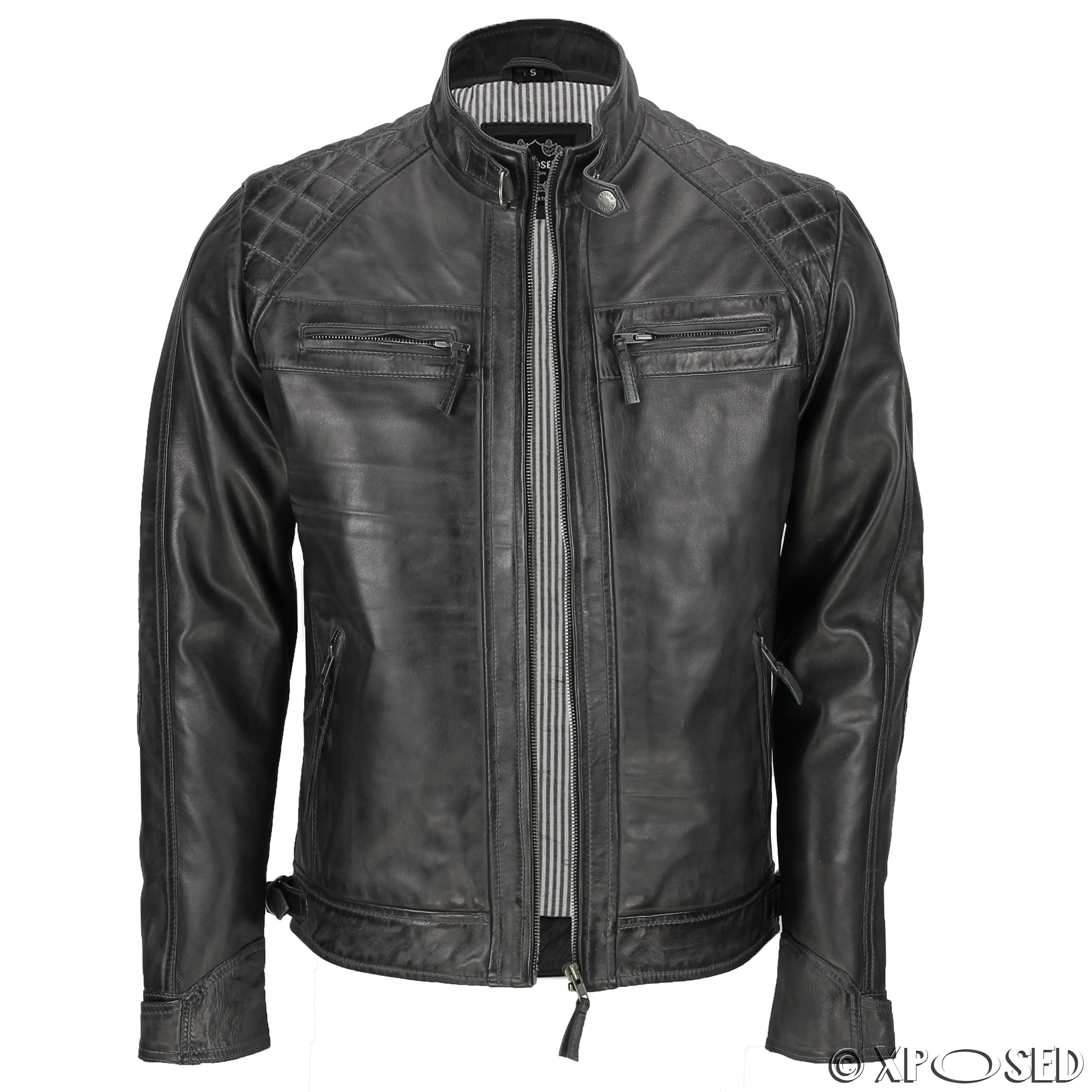 Mens Real Leather Washed Brown Black Vintage Zipped Smart Casual Biker ...