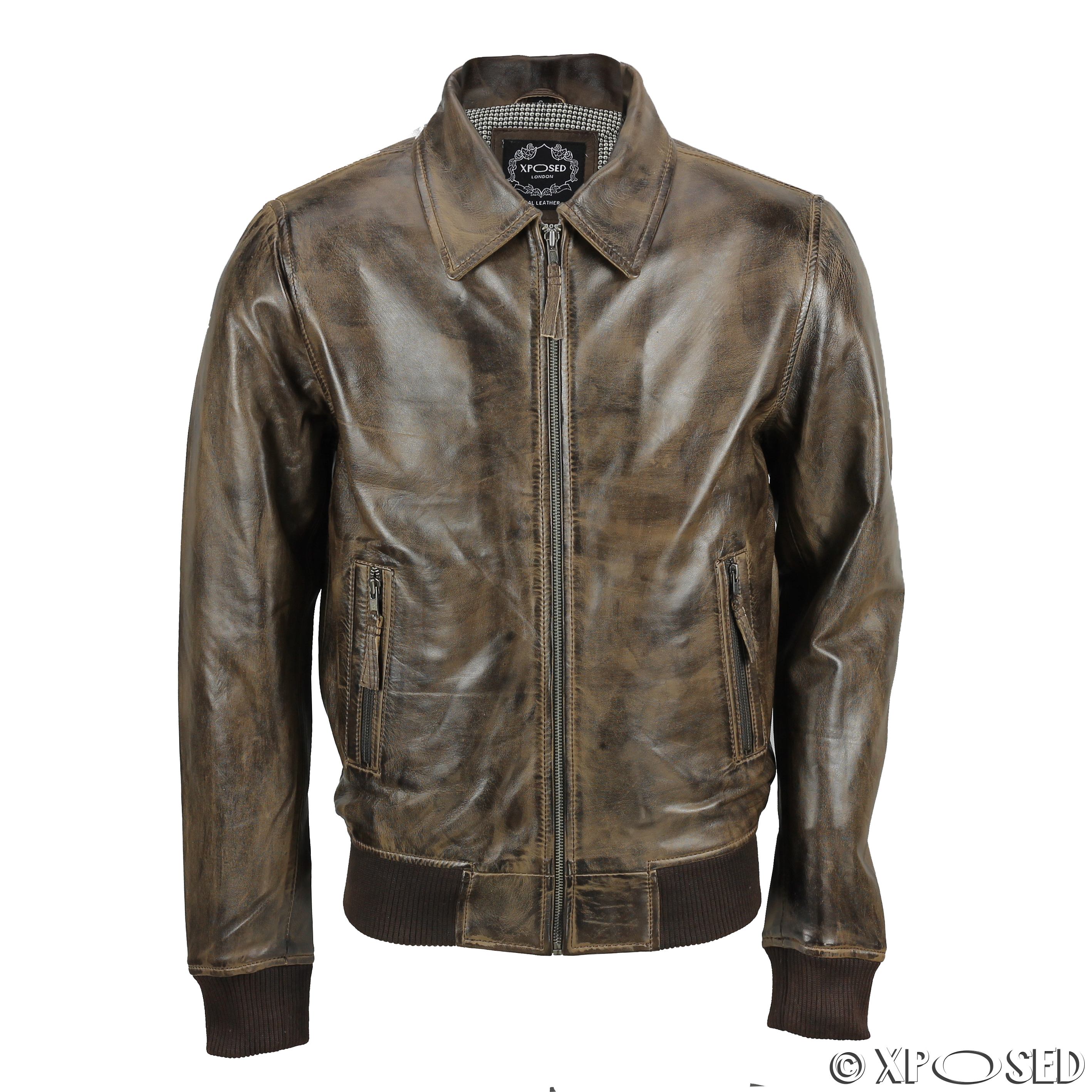 Mens Soft Real Leather Collar Bomber Jacket Vintage Biker Style Black ...