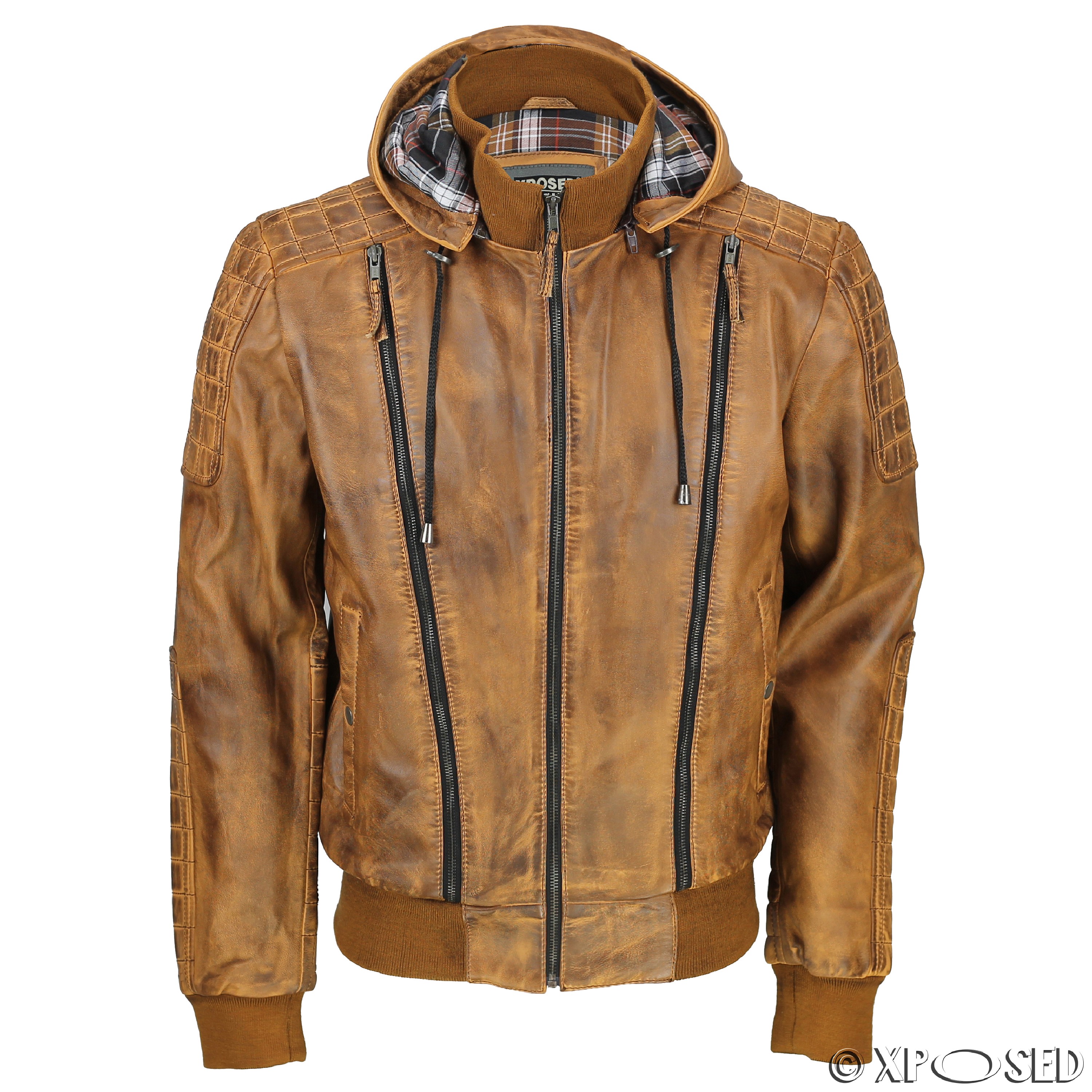 Mens Vintage Real Leather Bomber Jacket Detachable Hood Biker Washed ...