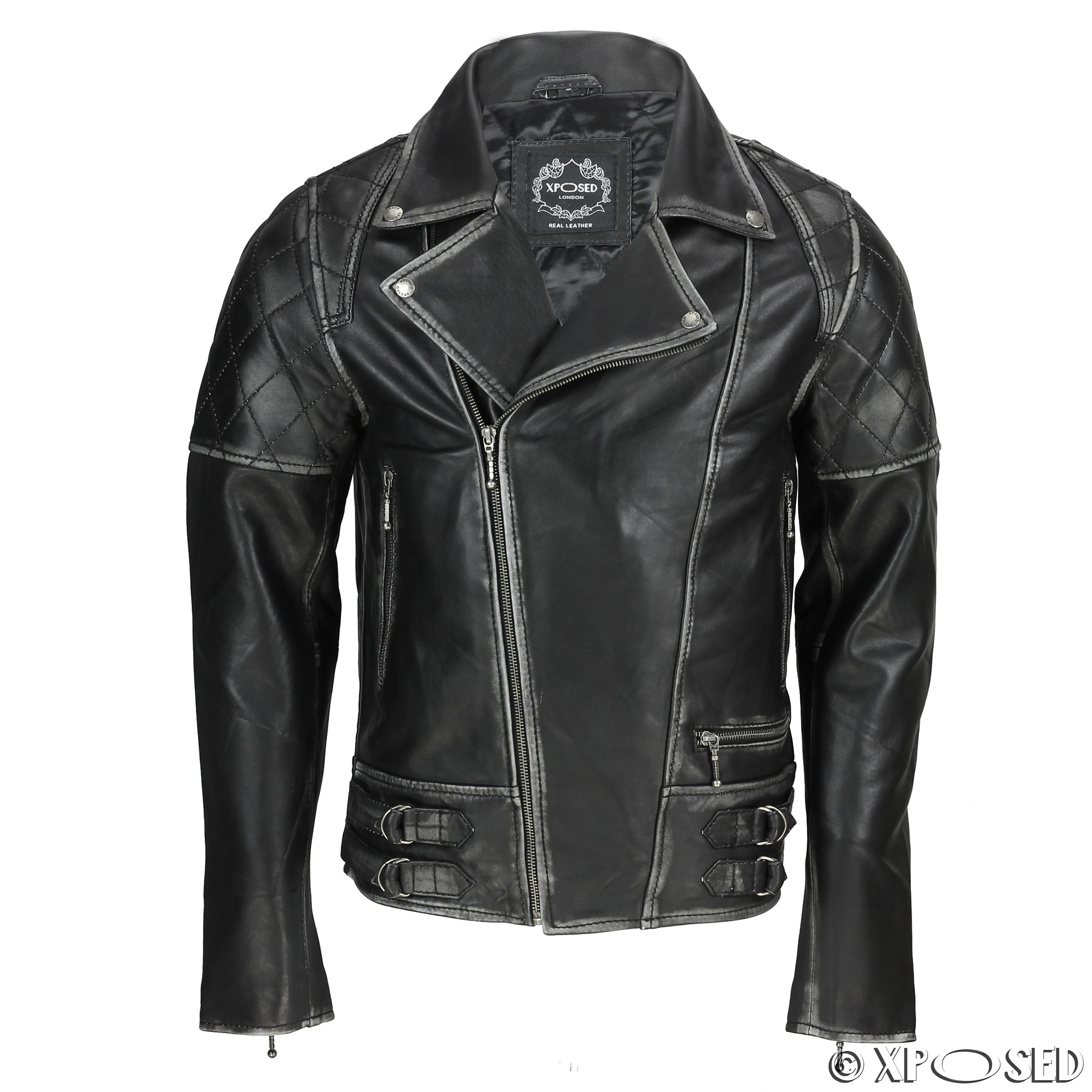 New Mens Vintage Soft Real Leather Biker Jacket in Washed Black, Brown ...