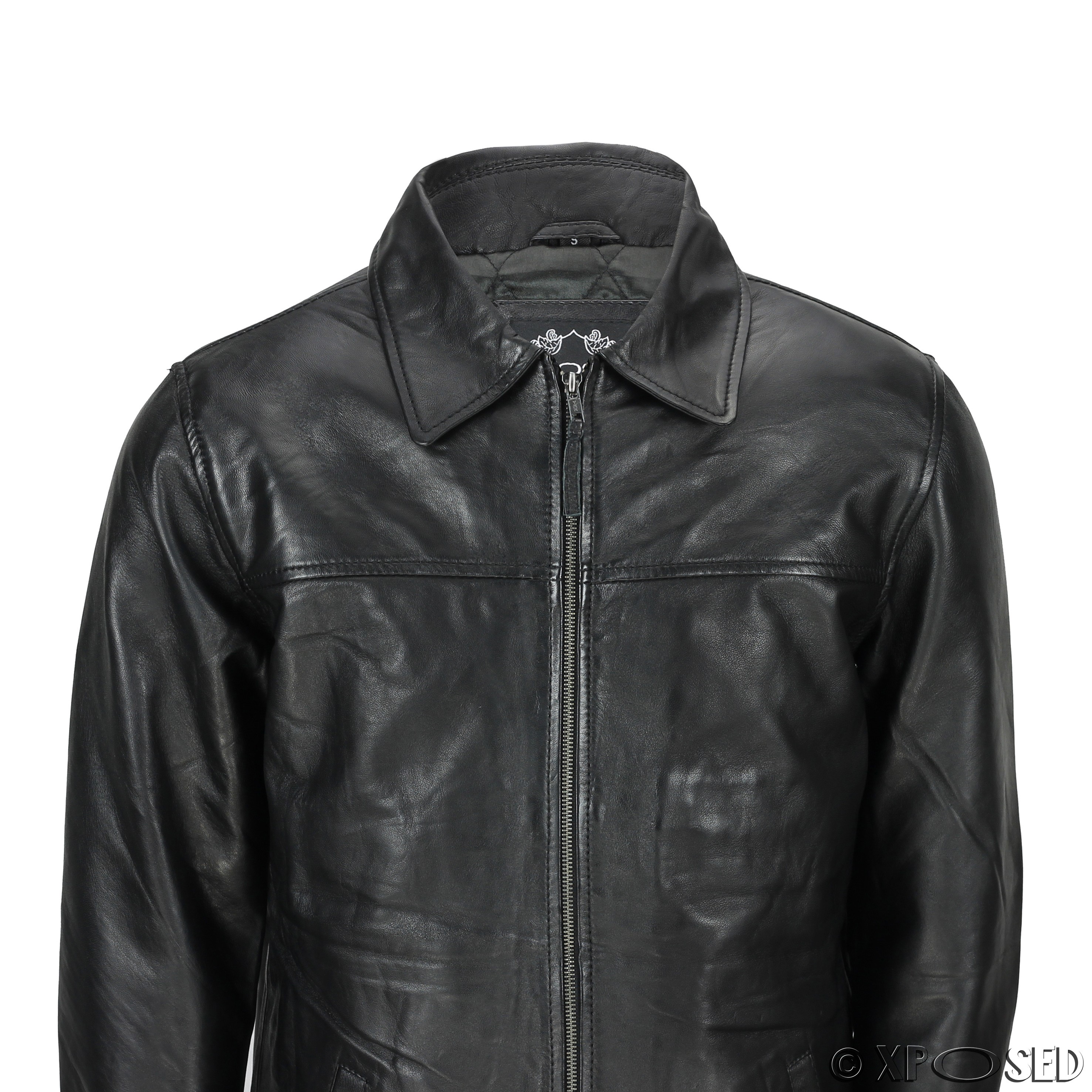 Mens Soft Real Leather Smart Casual Collar Classic Zip Box Jacket Black ...