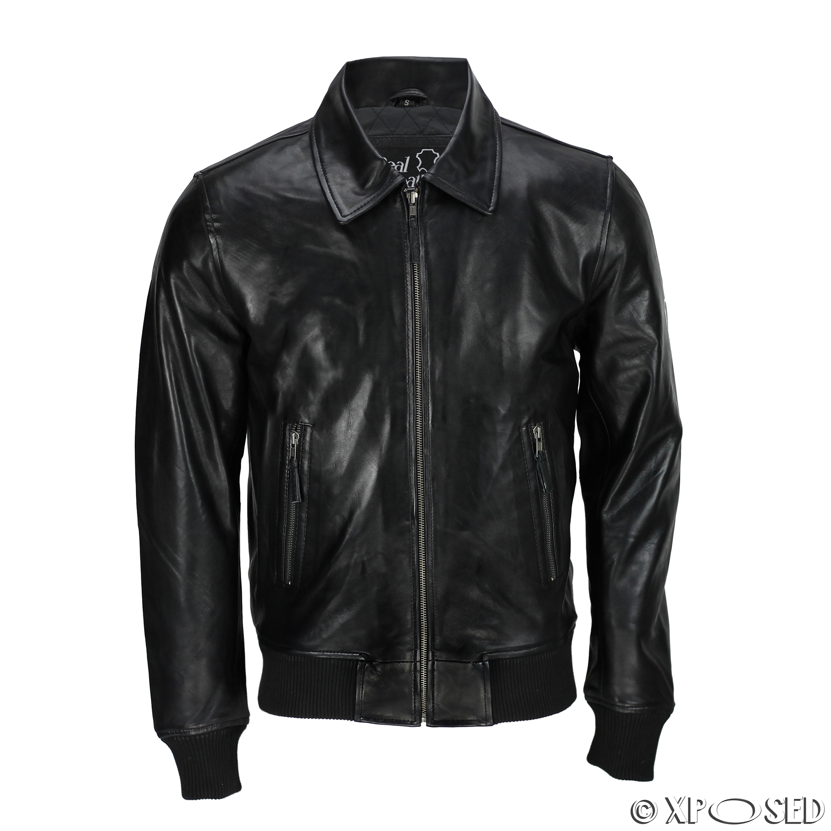 Mens Black Soft Real Leather Vintage Collar Bomber Style Biker Jacket ...