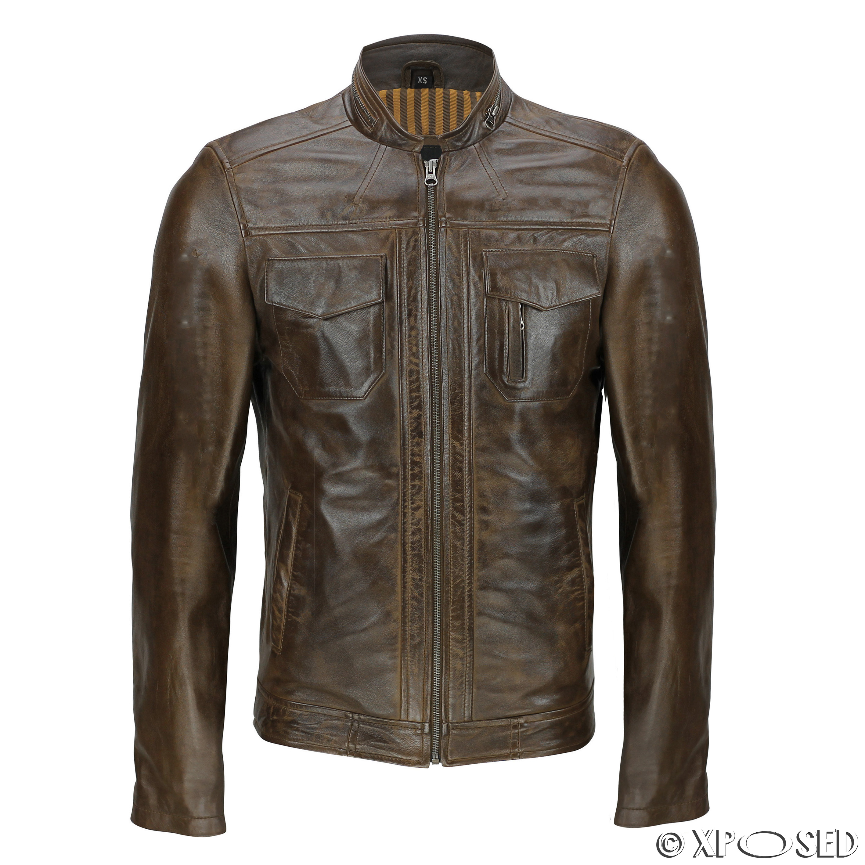 Mens Black Brown Real Leather Retro Smart Casual Zip Biker Style Bomber ...