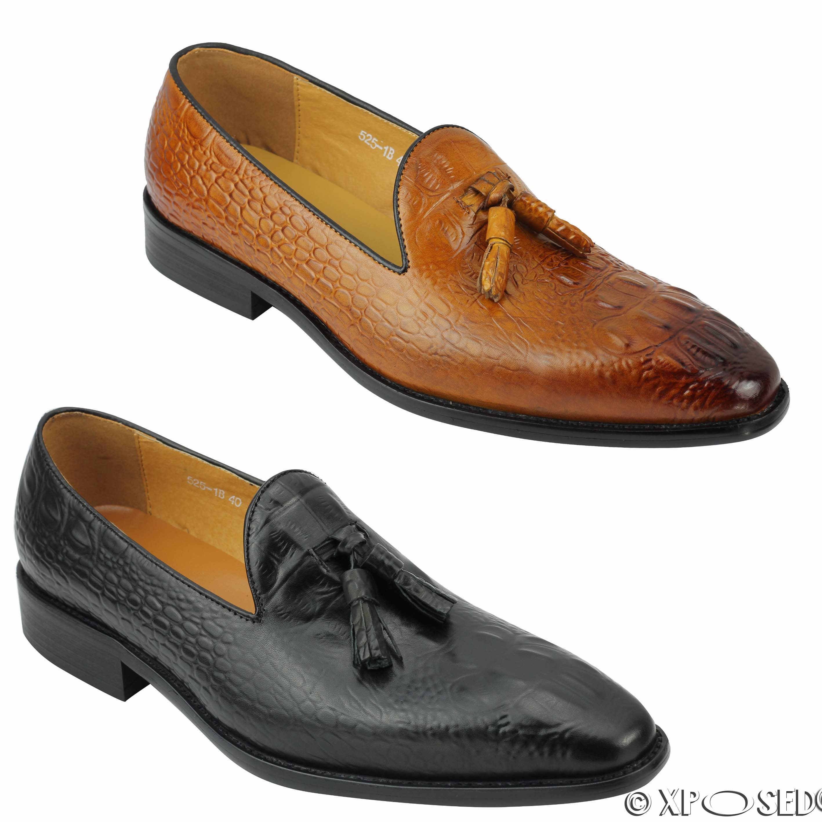 New Men Black Tan Real Leather Snakeskin Look Tassel Loafers Shoes 6 7 ...