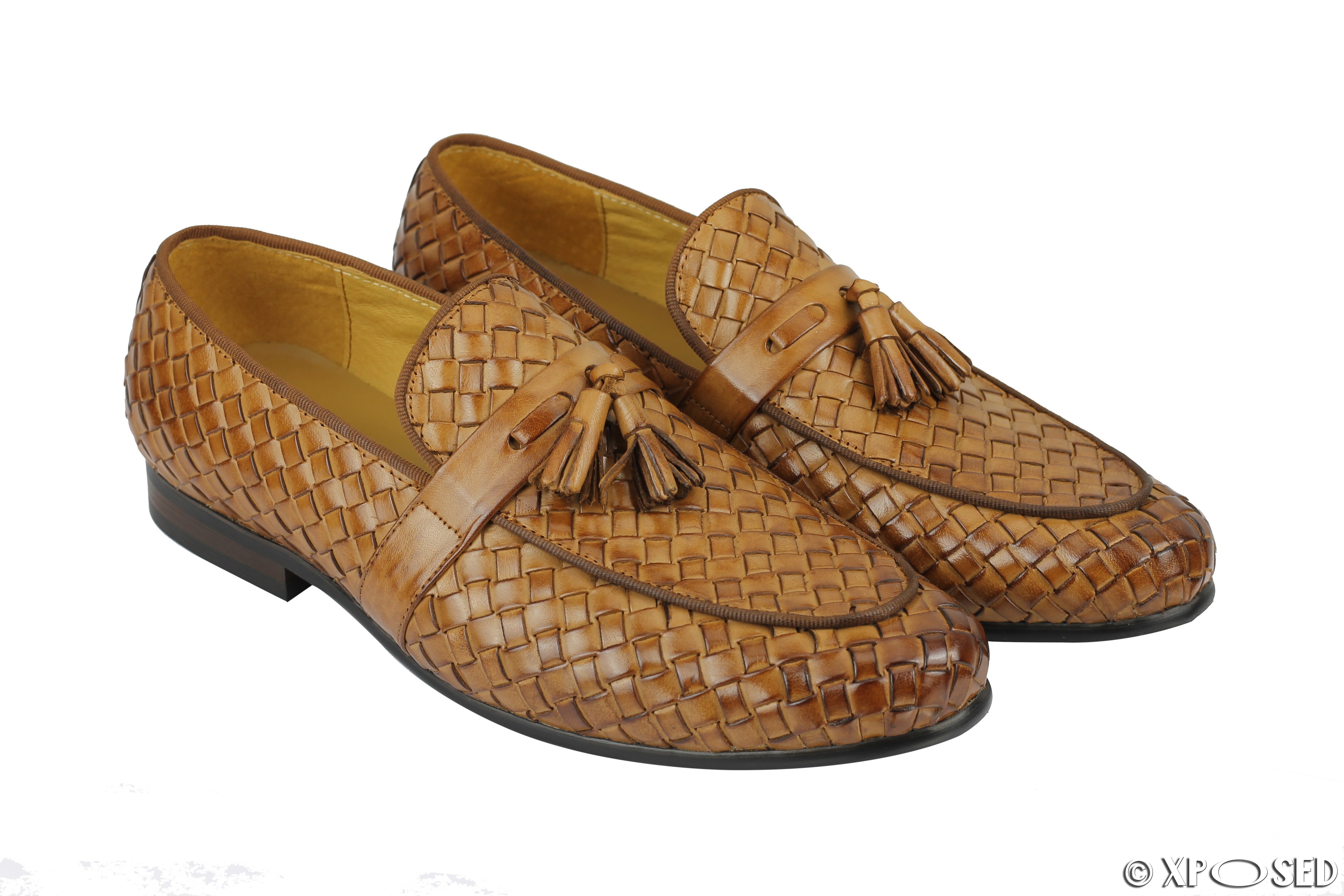 Men’s Black & Tan Real Basket Woven Leather Tassel Loafer Vintage ...