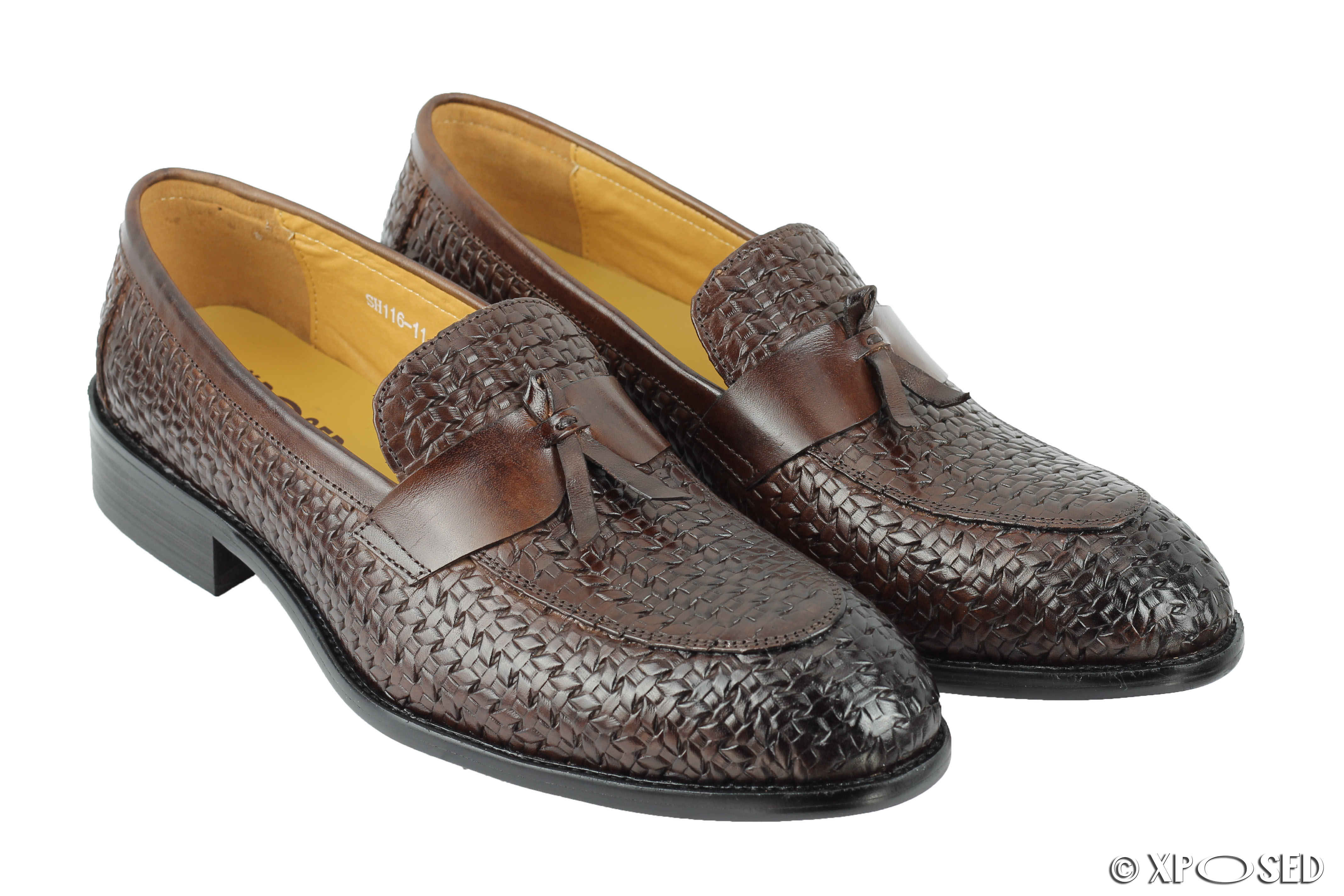 Mens Brown Basket Woven Effect Real Leather Tassel MOD Loafers Smart ...