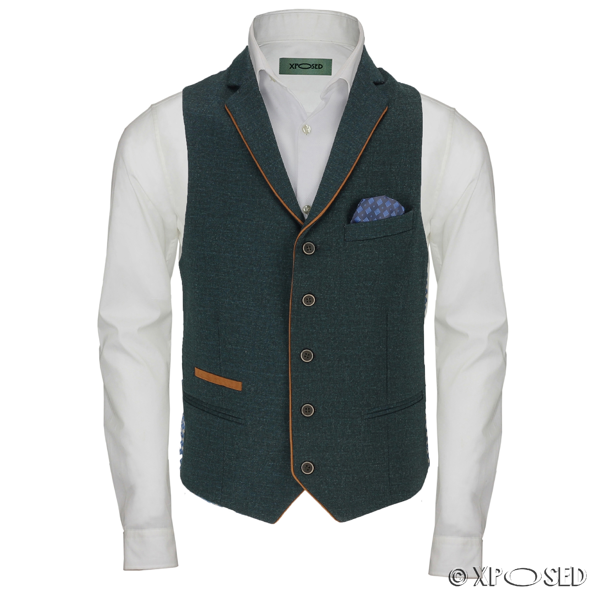 New Mens Stretch Blue Green Waistcoat Smart Casual Slim Fit Tan Suede ...