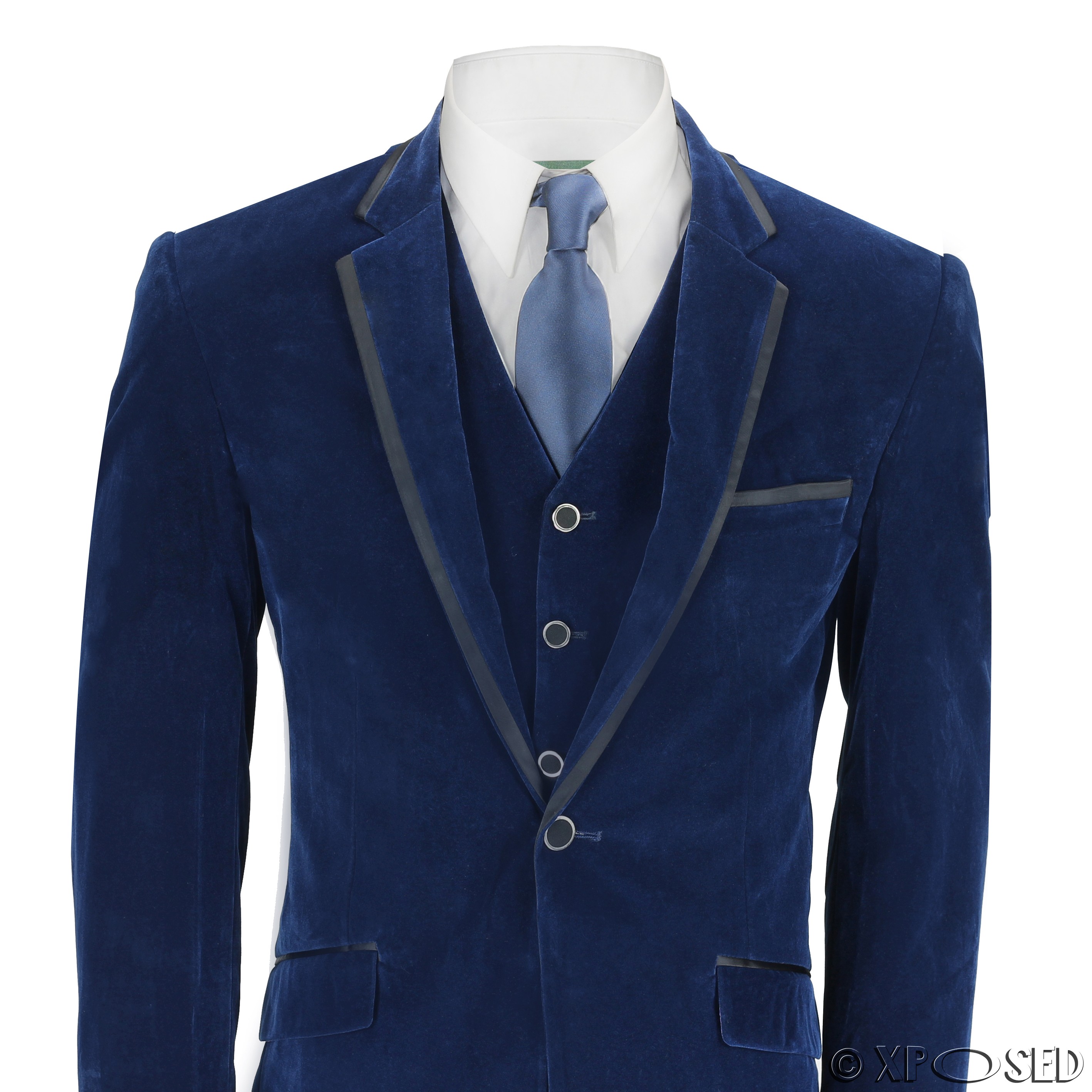 New Mens Navy Blue 3 Piece Velvet Suit Vintage Tailored Fit Smart ...