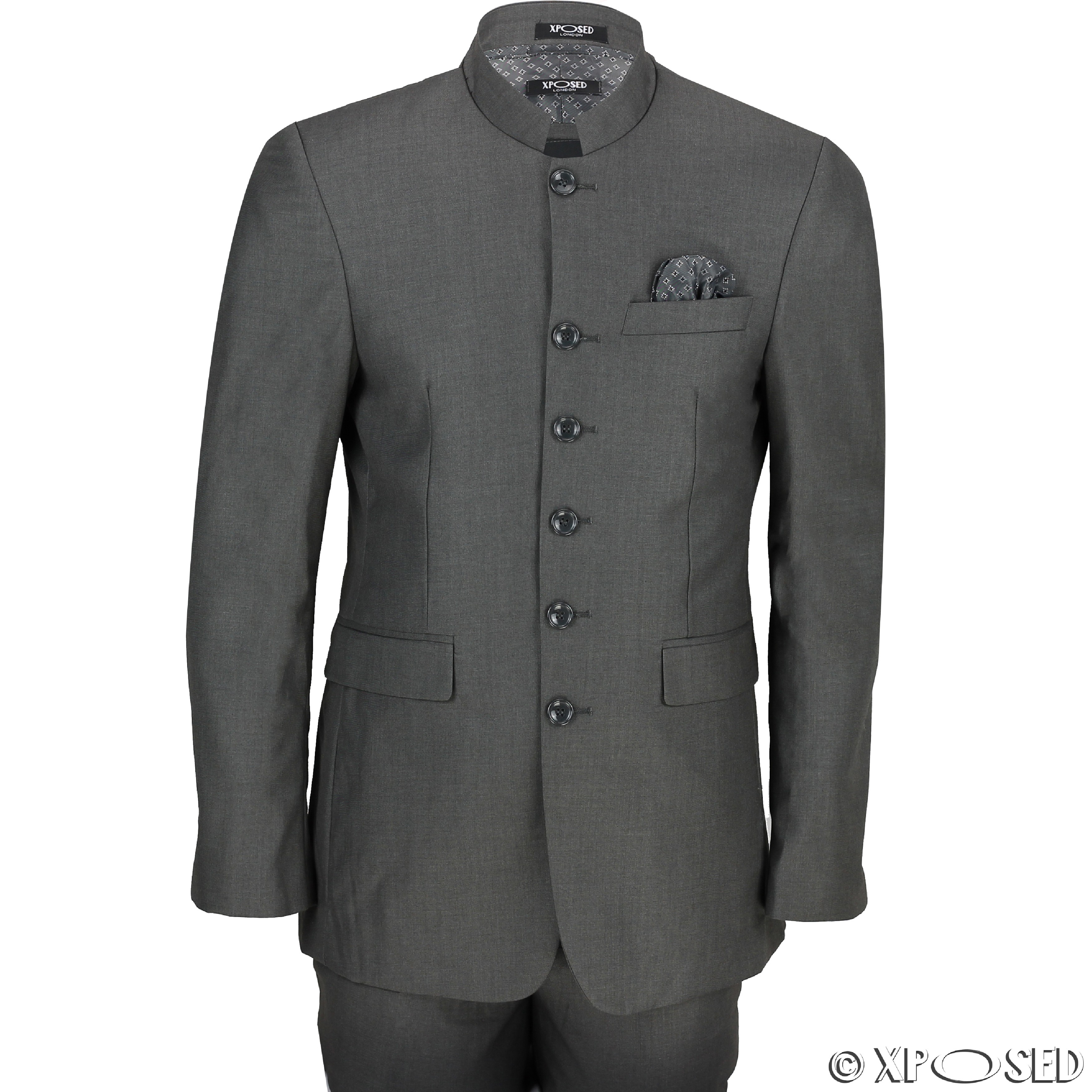 Mens Grey Chinese Grandad Collar 3 Piece Suit Fitted Nehru Jacket ...