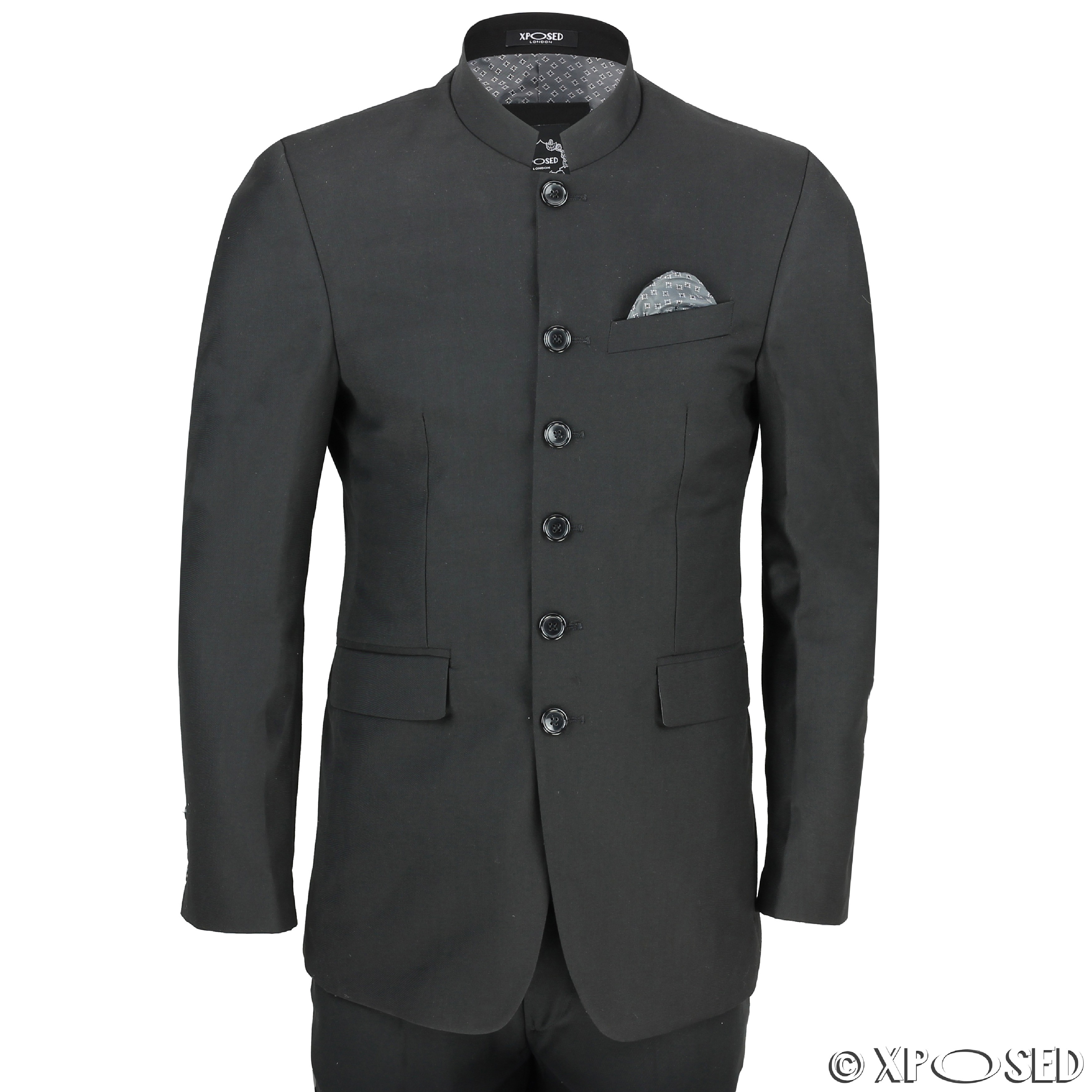 Mens Black Chinese Grandad Collar 3 Piece Suit Fitted Nehru Jacket ...