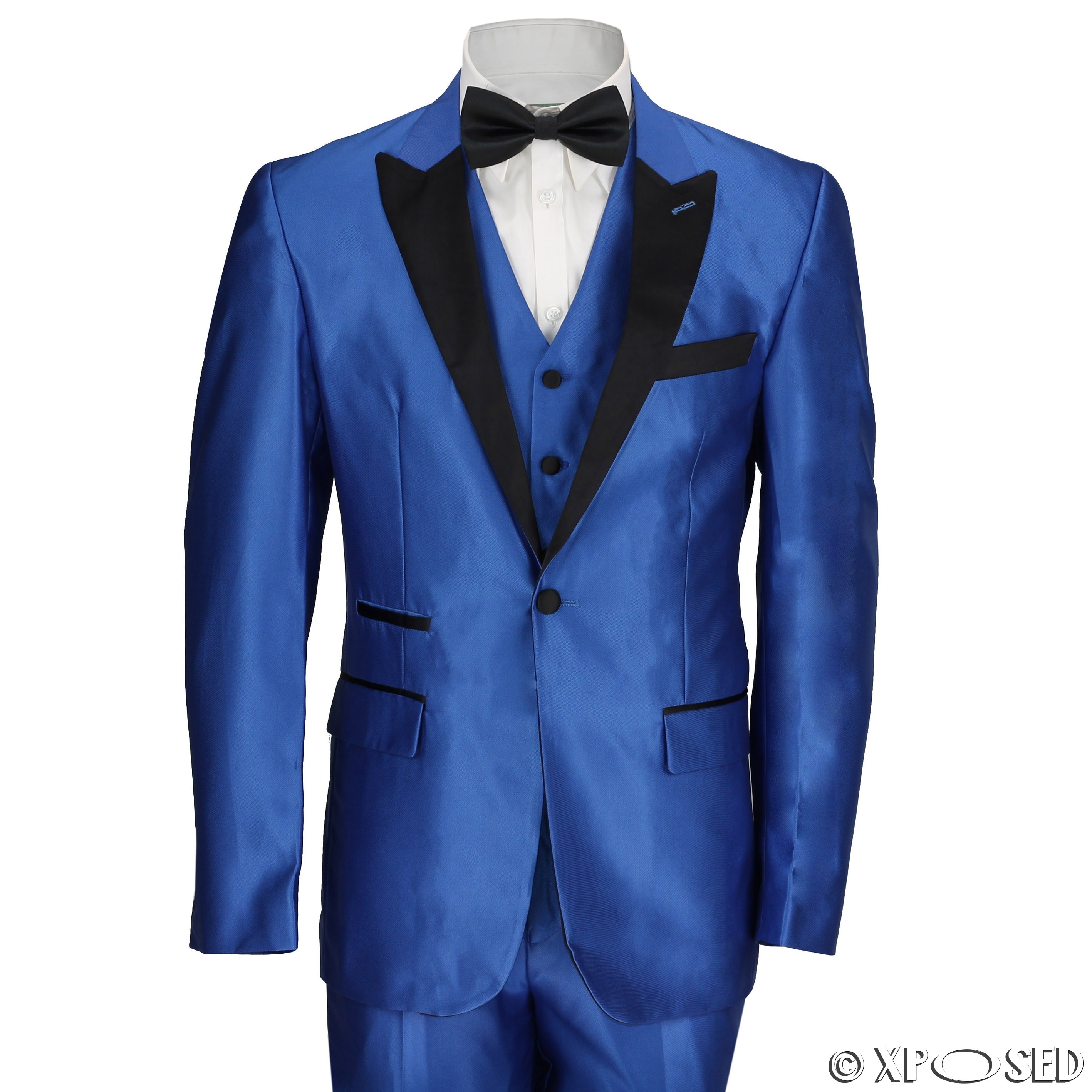 New Mens 3 Piece Suit Electric Blue Tailored Fit Black Lapel Wedding ...