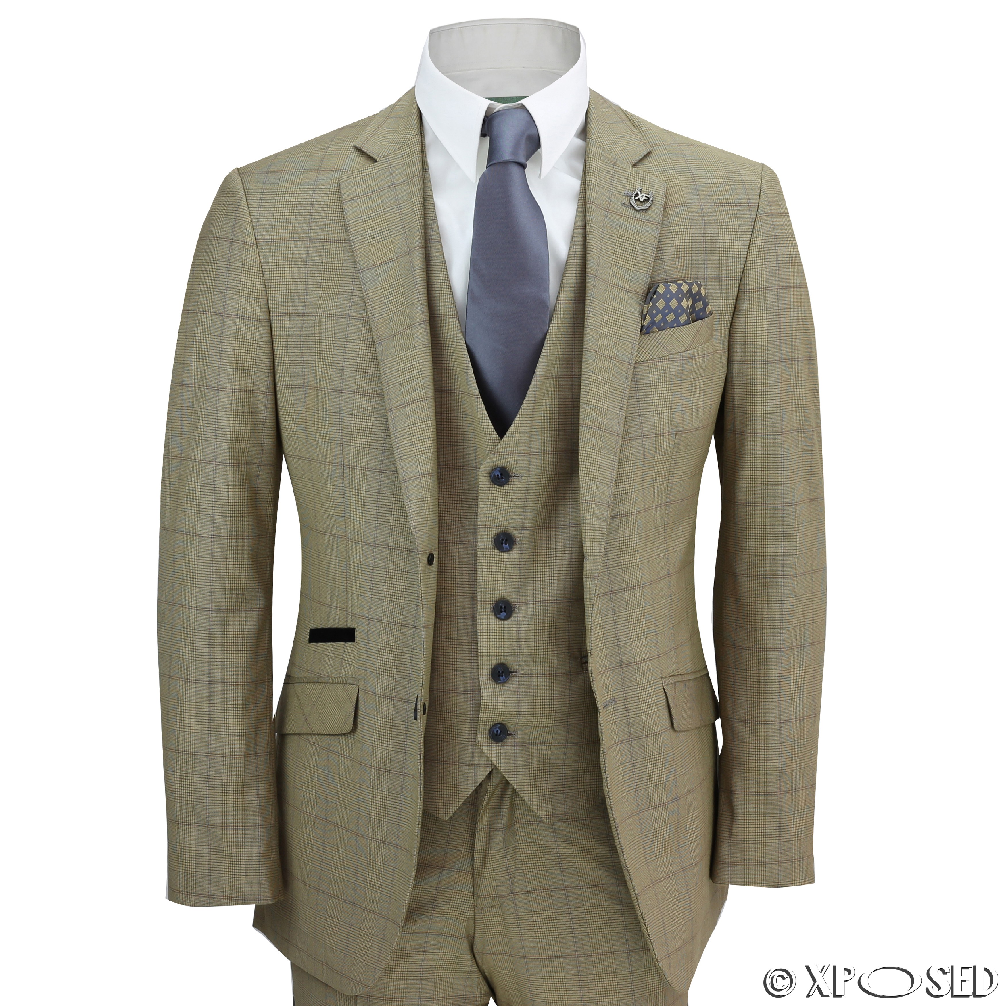 Mens 3 Piece Tailored Fit Tan Brown Prince of Wales Check Smart Vintage ...